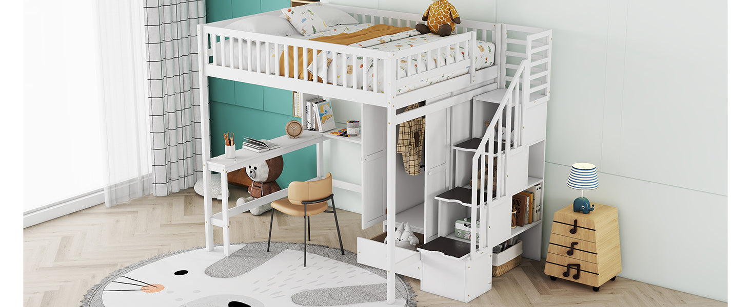 Full size Loft Bed with Bookshelf,Drawers,Desk,and Wardrobe-White - Atlantic Fine Furniture Melbourne FL