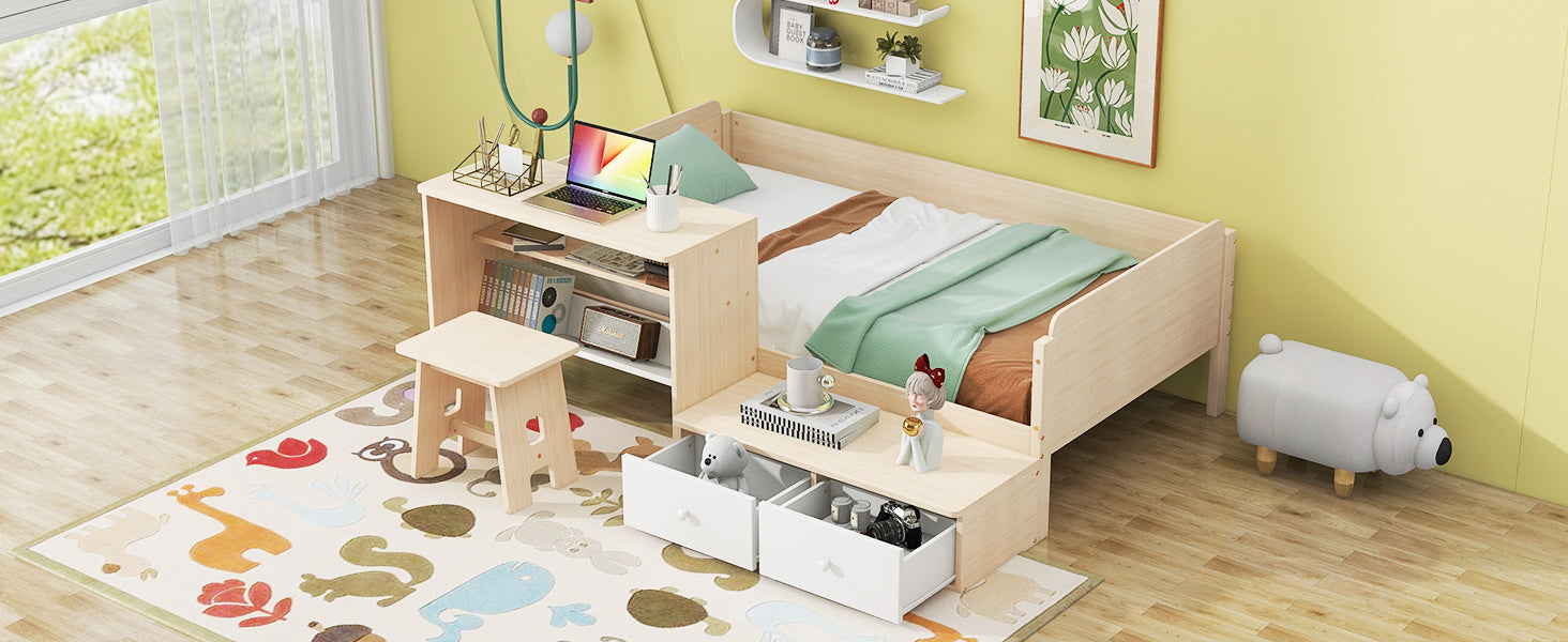 Wood Twin Size Platform Bed with 2 Drawers and 1 Chair&Desk Set, Natural+White - Atlantic Fine Furniture Melbourne FL
