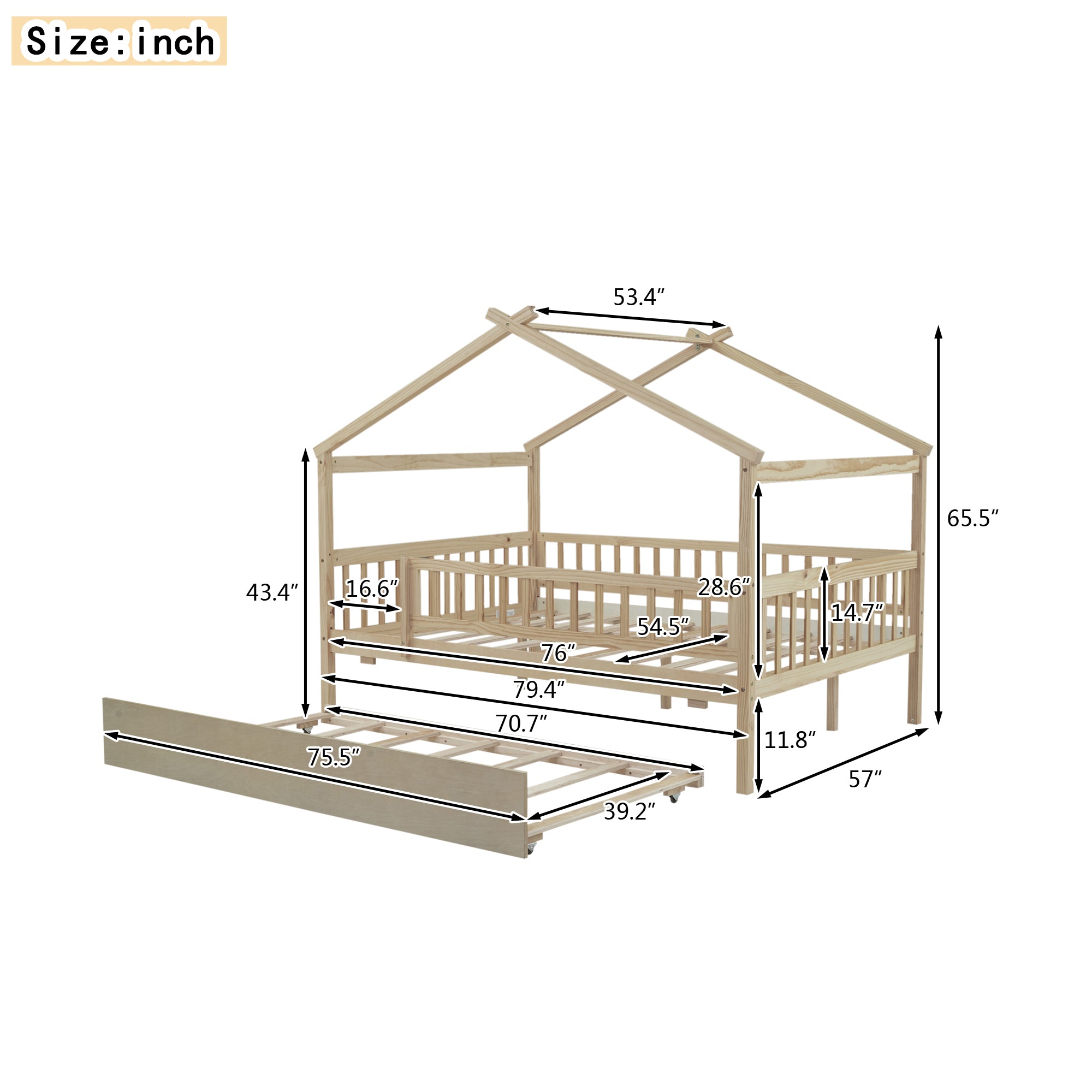 Full Size Wooden House Bed with Twin Size Trundle, Natural - Atlantic Fine Furniture Melbourne FL