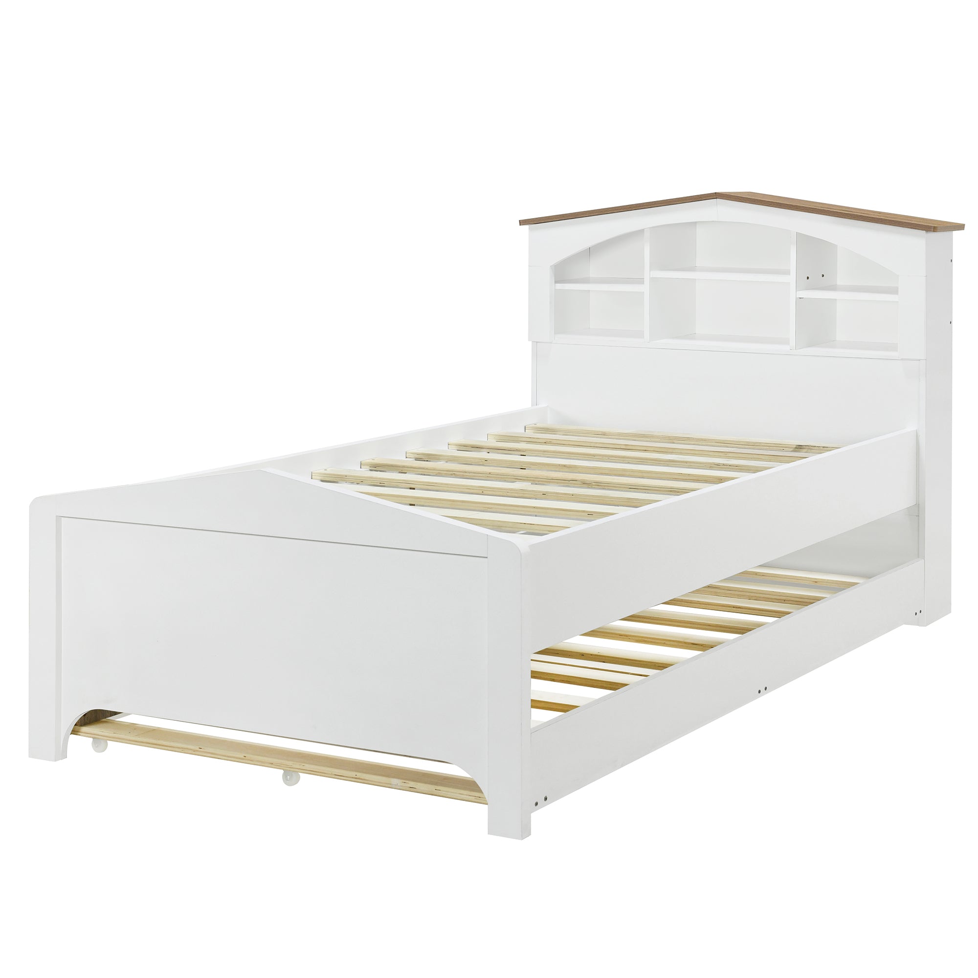 Twin Size Wood Platform Bed with House-shaped Storage Headboard and Trundle, White - Atlantic Fine Furniture Melbourne FL