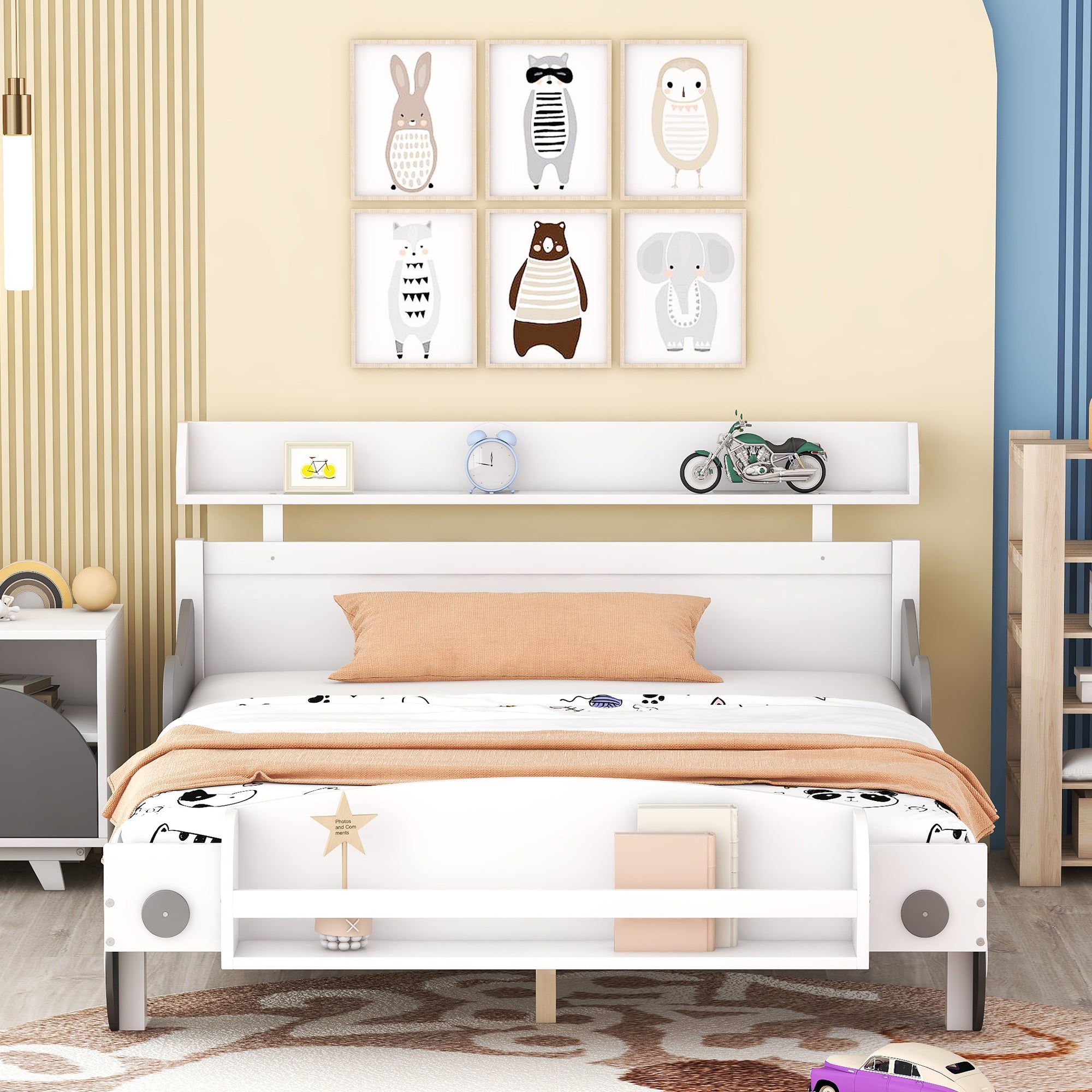 Full Size Car-Shaped Platform Bed,Full Bed with Storage Shelf for Bedroom,White - Atlantic Fine Furniture Melbourne FL