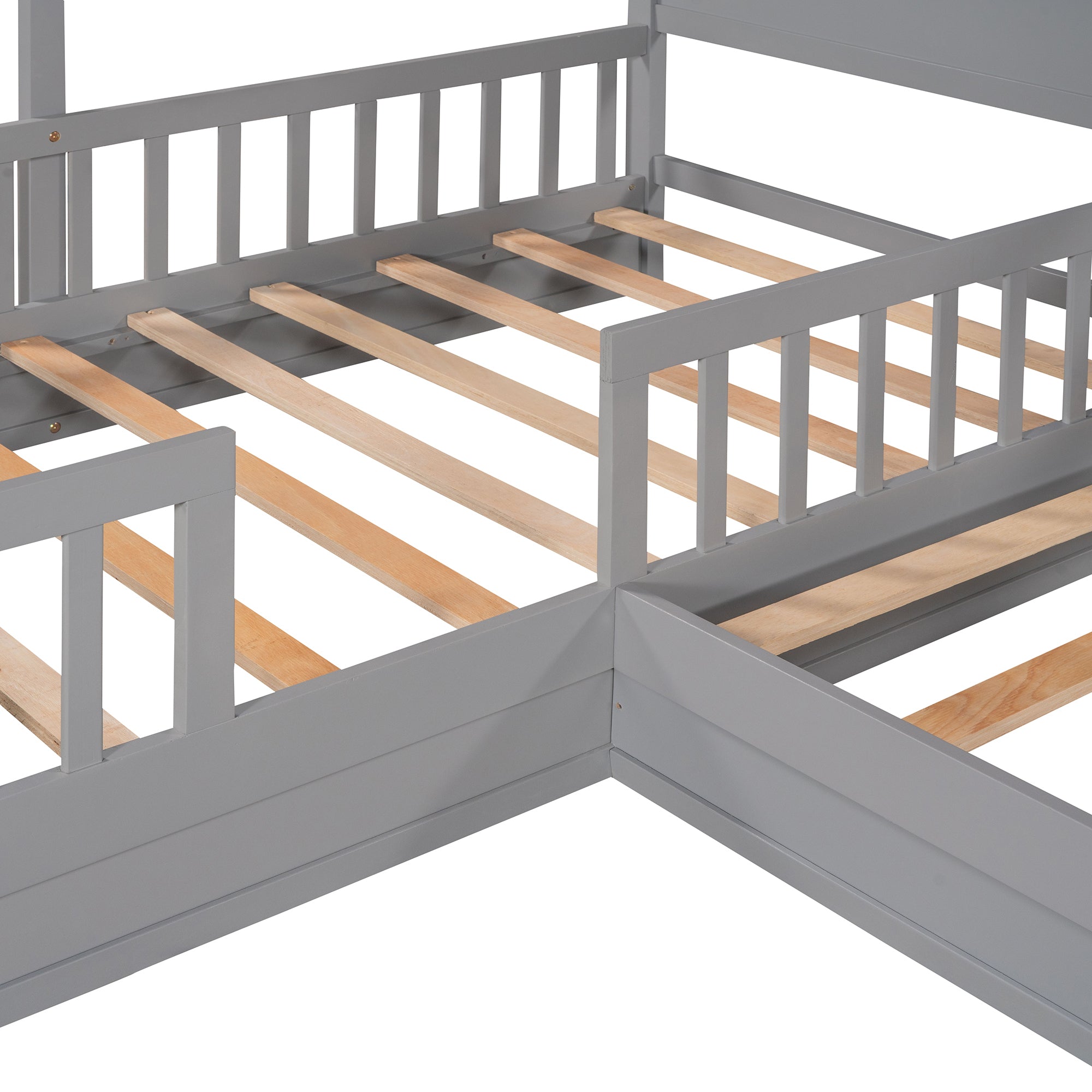 Wood House Bed Twin Size, 2 Twin Solid Bed L structure with fence and slatted frame (Gray) - Atlantic Fine Furniture Melbourne FL