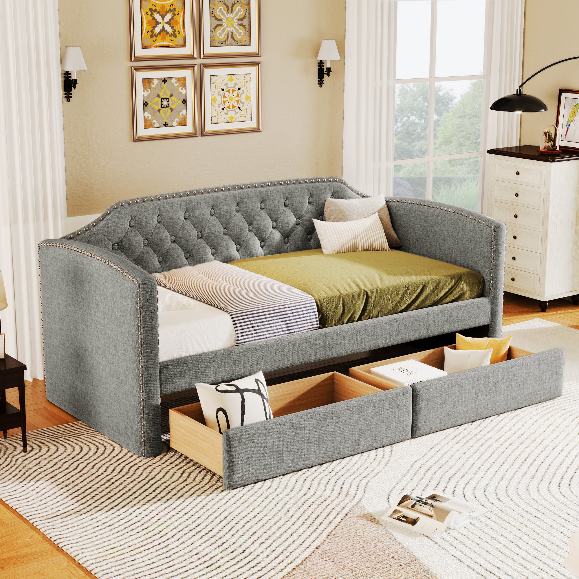 Twin Size Upholstered Daybed with Drawers for Guest Room, Small Bedroom, Study Room,Gray - Atlantic Fine Furniture Melbourne FL