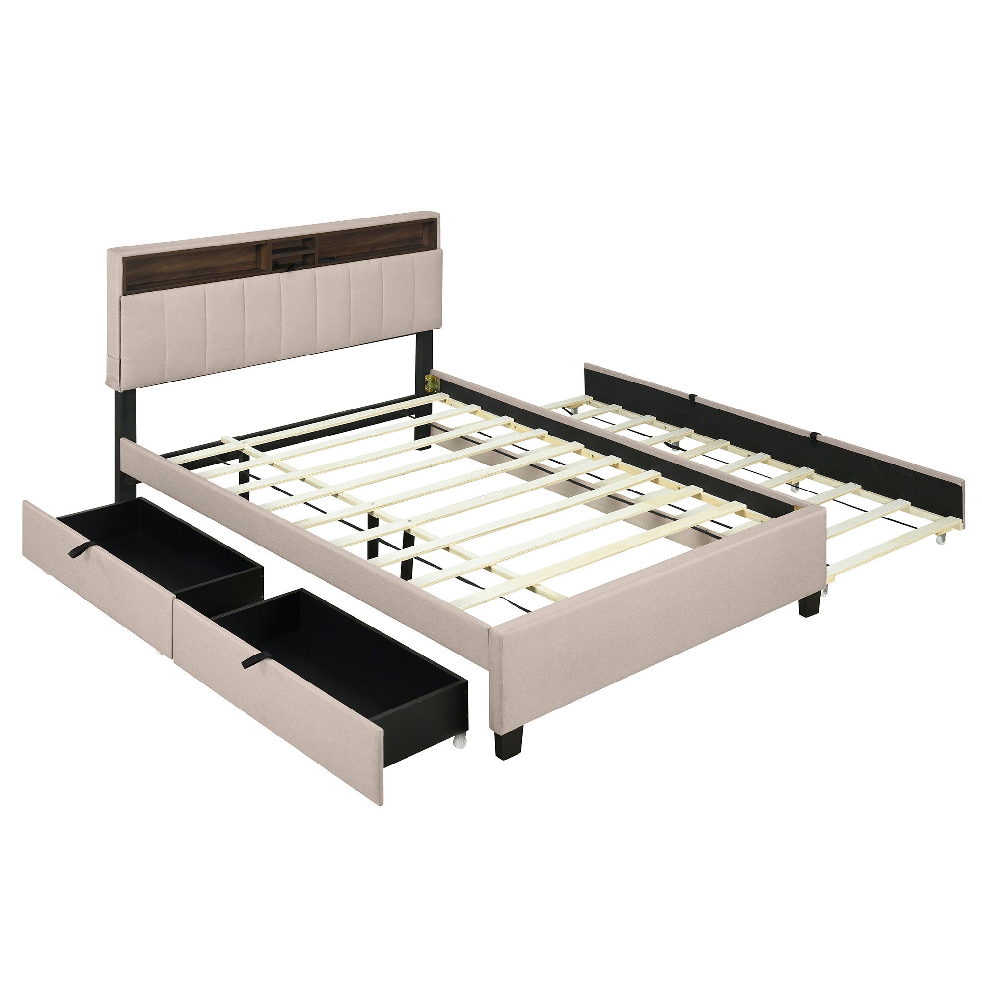 Queen size Upholstered Platform Bed with Storage Headboard, Twin XL Size Trundle & 2 drawers and a set of Sockets & USB Ports, Linen Fabric, Beige - Atlantic Fine Furniture Melbourne FL