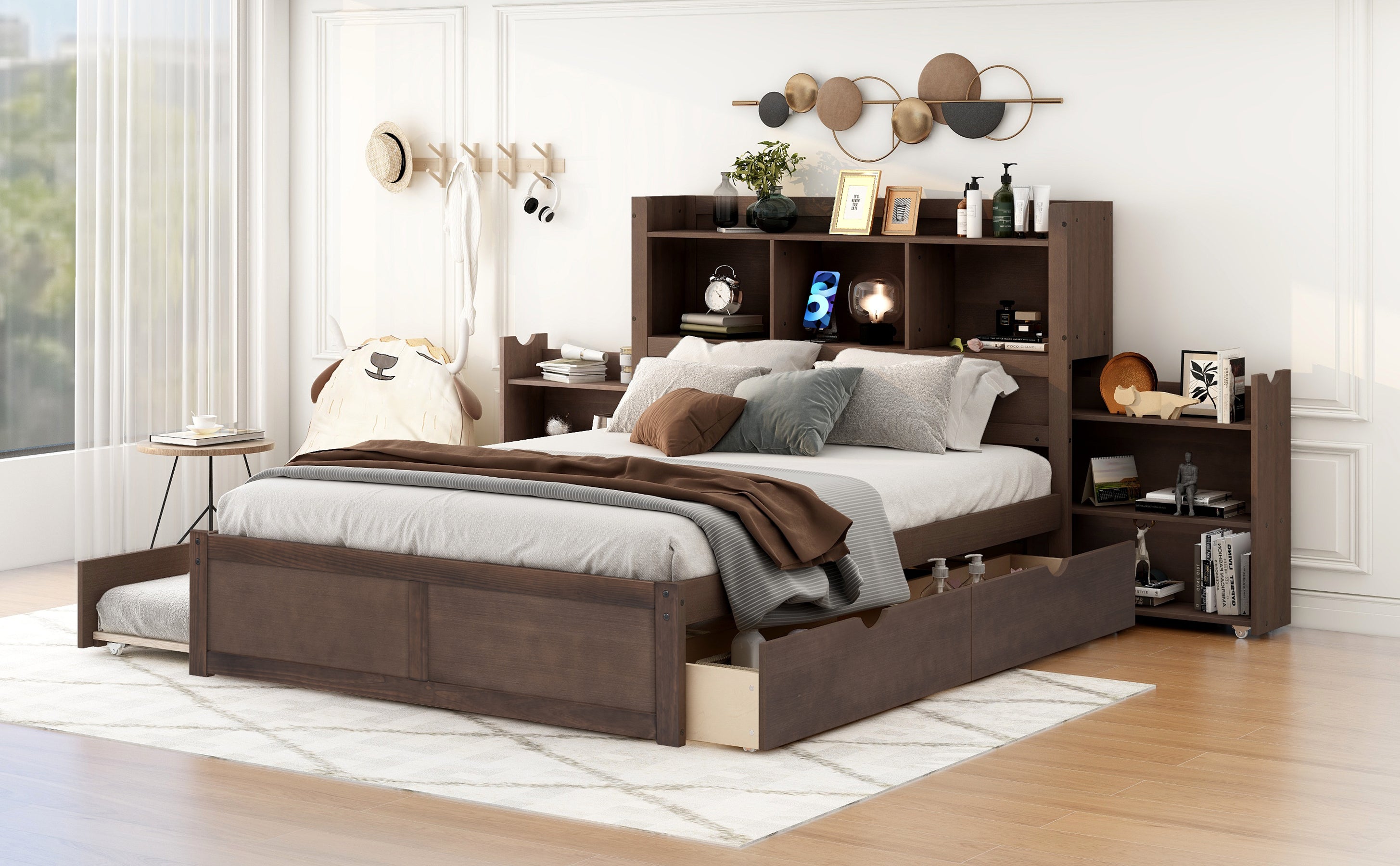 Full Size Storage Platform Bed with Pull Out Shelves, Twin Size Trundle and 2 Drawers, Espresso - Atlantic Fine Furniture Melbourne FL