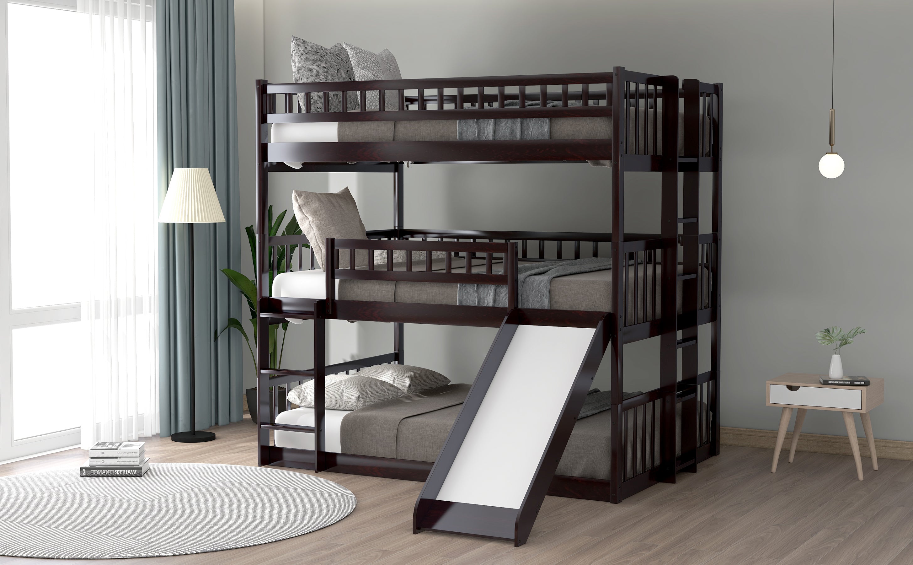 Full-Over-Full-Over-Full Triple Bed with Built-in Ladder and Slide , Triple Bunk Bed with Guardrails, Espresso(OLD SKU :LP000052AAP) - Atlantic Fine Furniture Melbourne FL