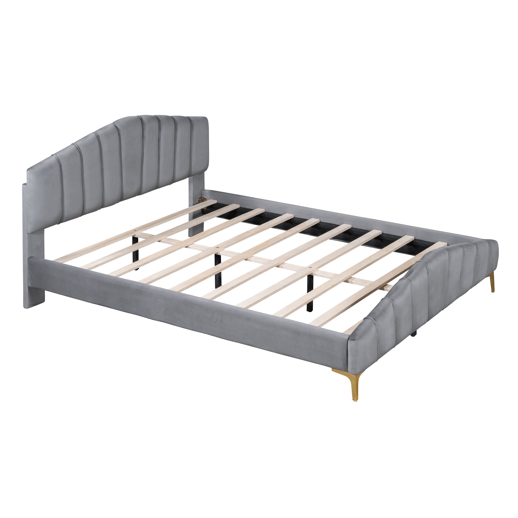 Queen Size Velvet Platform Bed with Thick Fabric, Stylish Stripe Decorated Bedboard and Elegant Metal Bed Leg, Gray - Atlantic Fine Furniture Melbourne FL