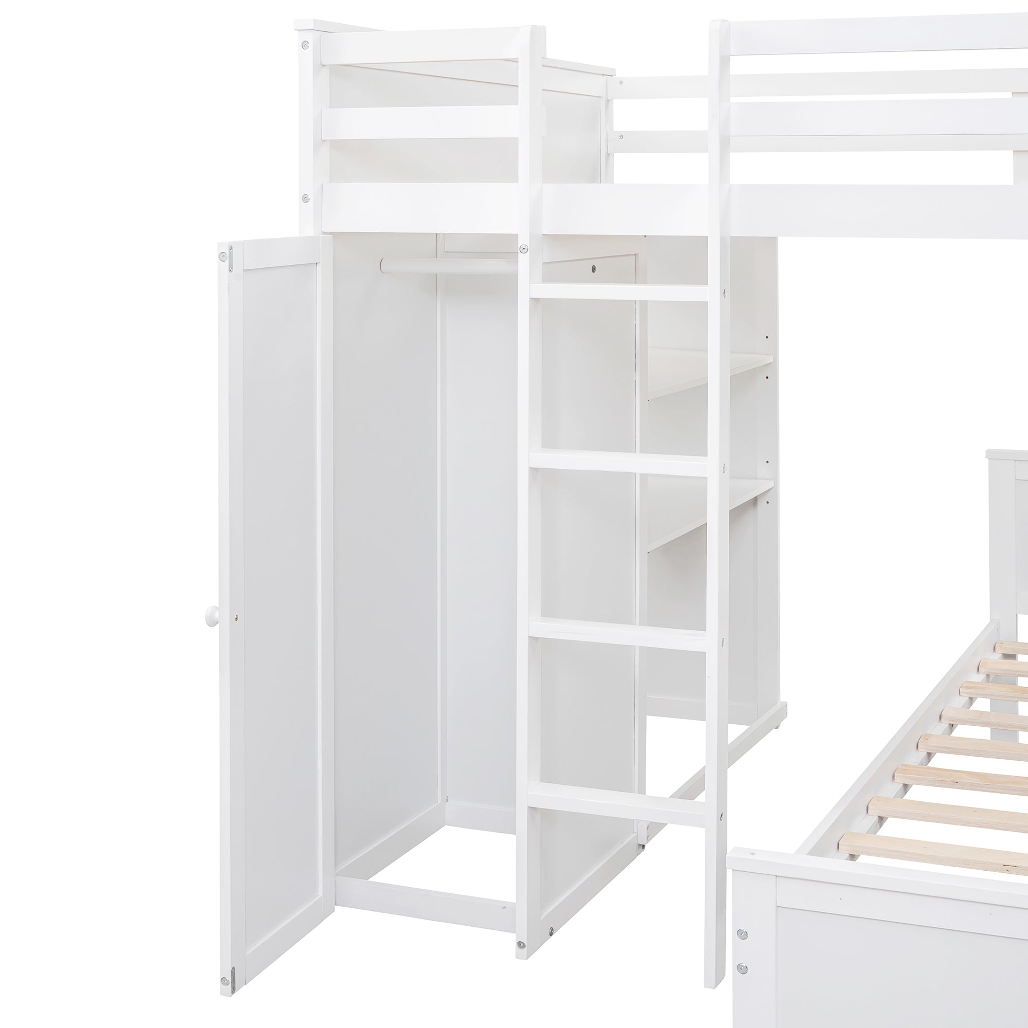 Full size Loft Bed with a twin size Stand-alone bed, Shelves,Desk,and Wardrobe-White