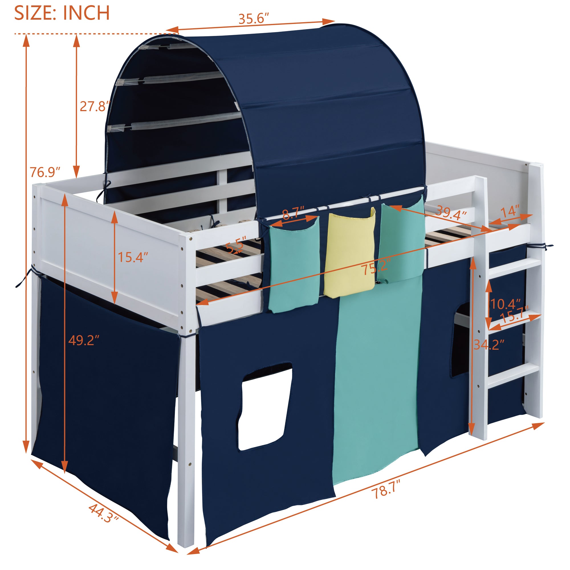 Twin Size Loft Bed with Tent and Tower and Three Pockets- Blue - Atlantic Fine Furniture Melbourne FL
