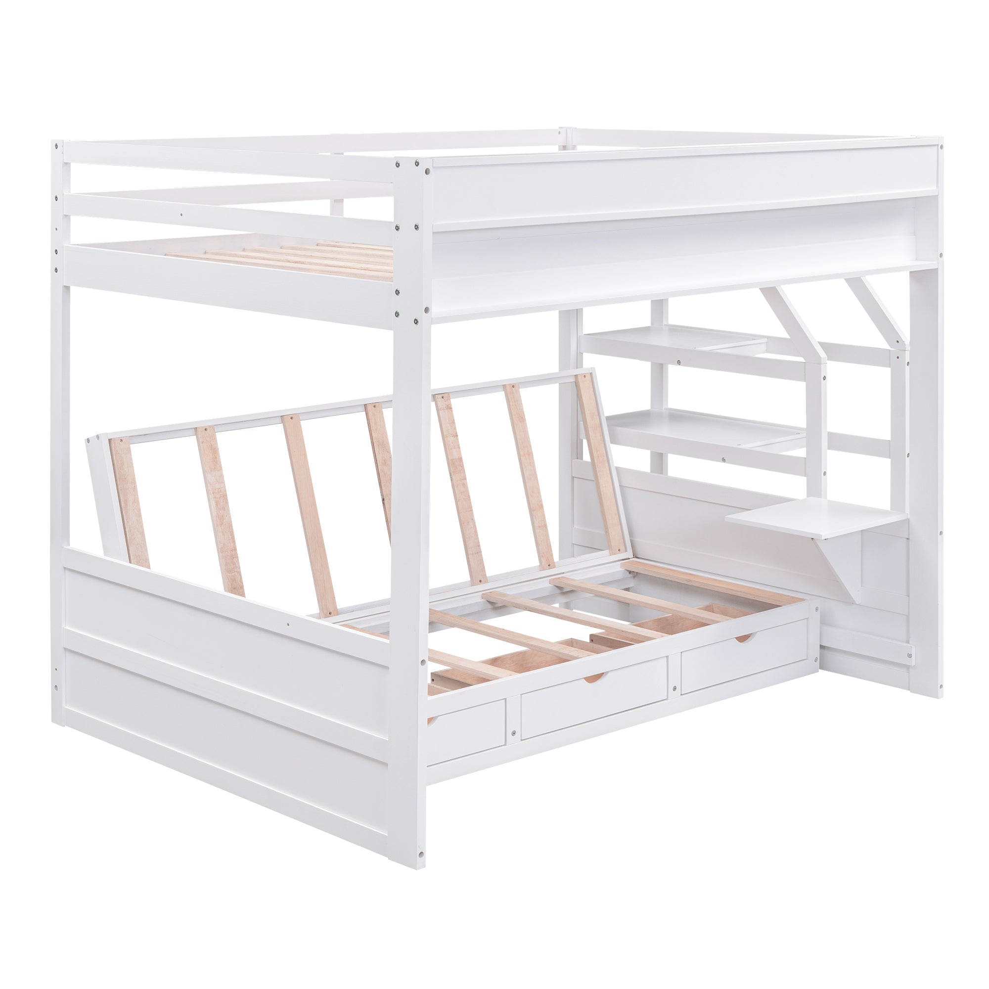 Wood Full Size Convertible Bunk Bed with Storage Staircase, Bedside Table, and 3 Drawers, White - Atlantic Fine Furniture Melbourne FL