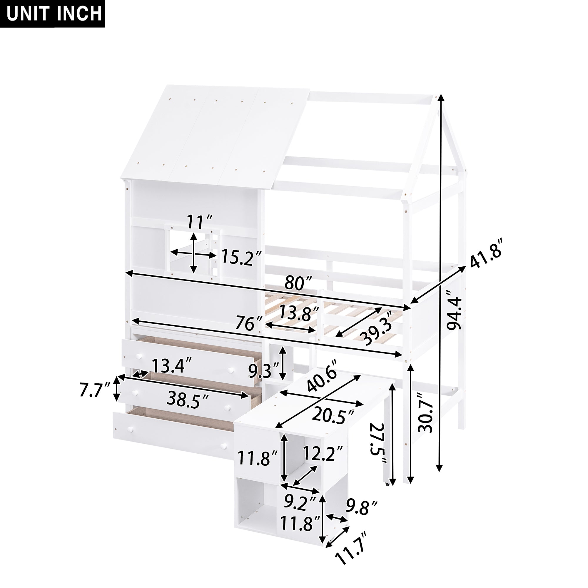 Twin Size House Loft Bed with Storage Desk and 3 Drawer Chest, White - Atlantic Fine Furniture Melbourne FL