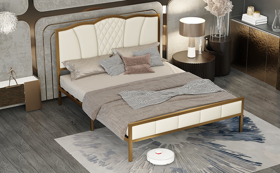 Queen Size Bed Frame, Modern Upholstered Bed Frame with Tufted Headboard, Golden Metal Platform Bed Frame with Wood Slat Support, Noise Free, No Box Spring Needed,Beige - Atlantic Fine Furniture Melbourne FL