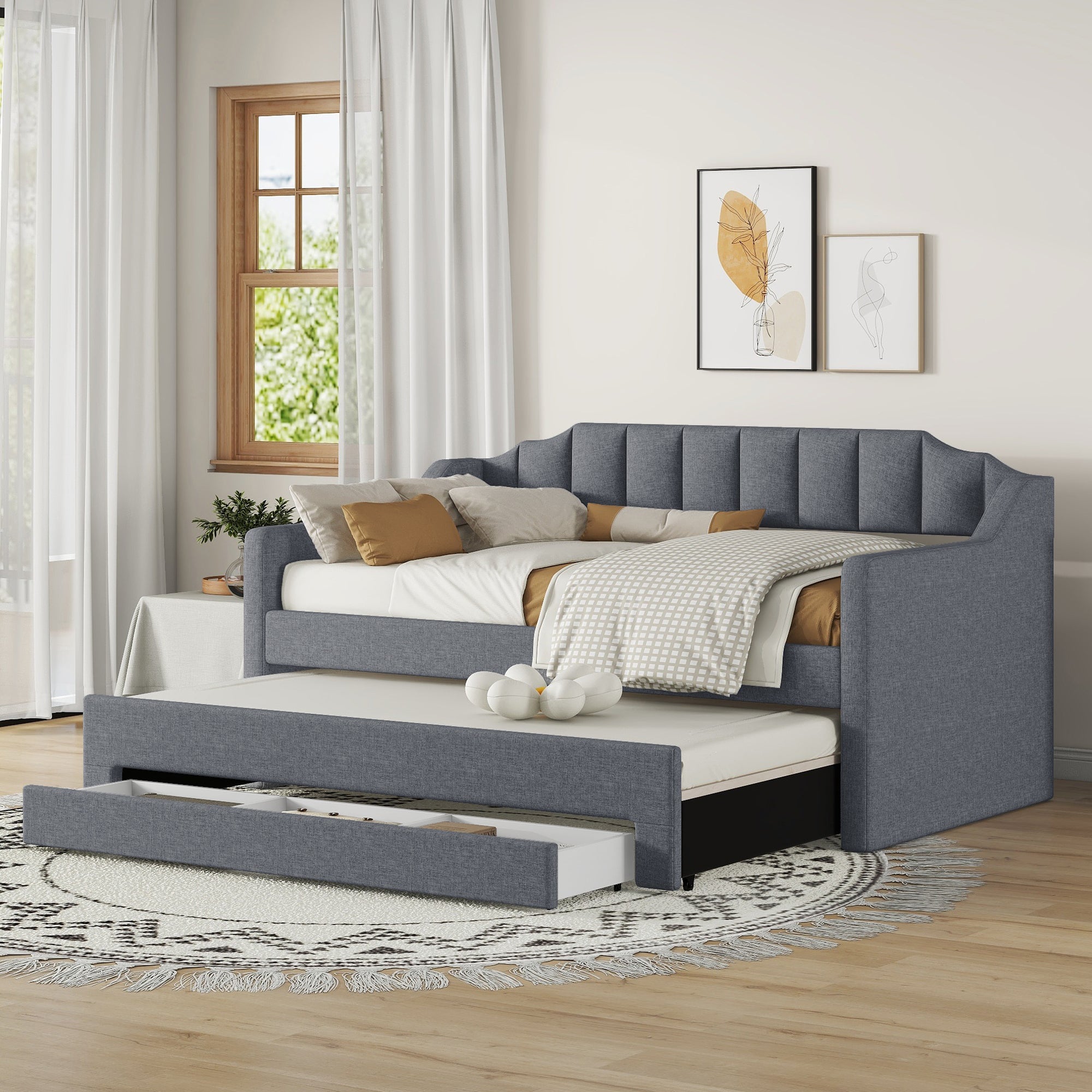 Twin Size Upholstered Daybed with Trundle and Three Drawers,Gray - Atlantic Fine Furniture Melbourne FL