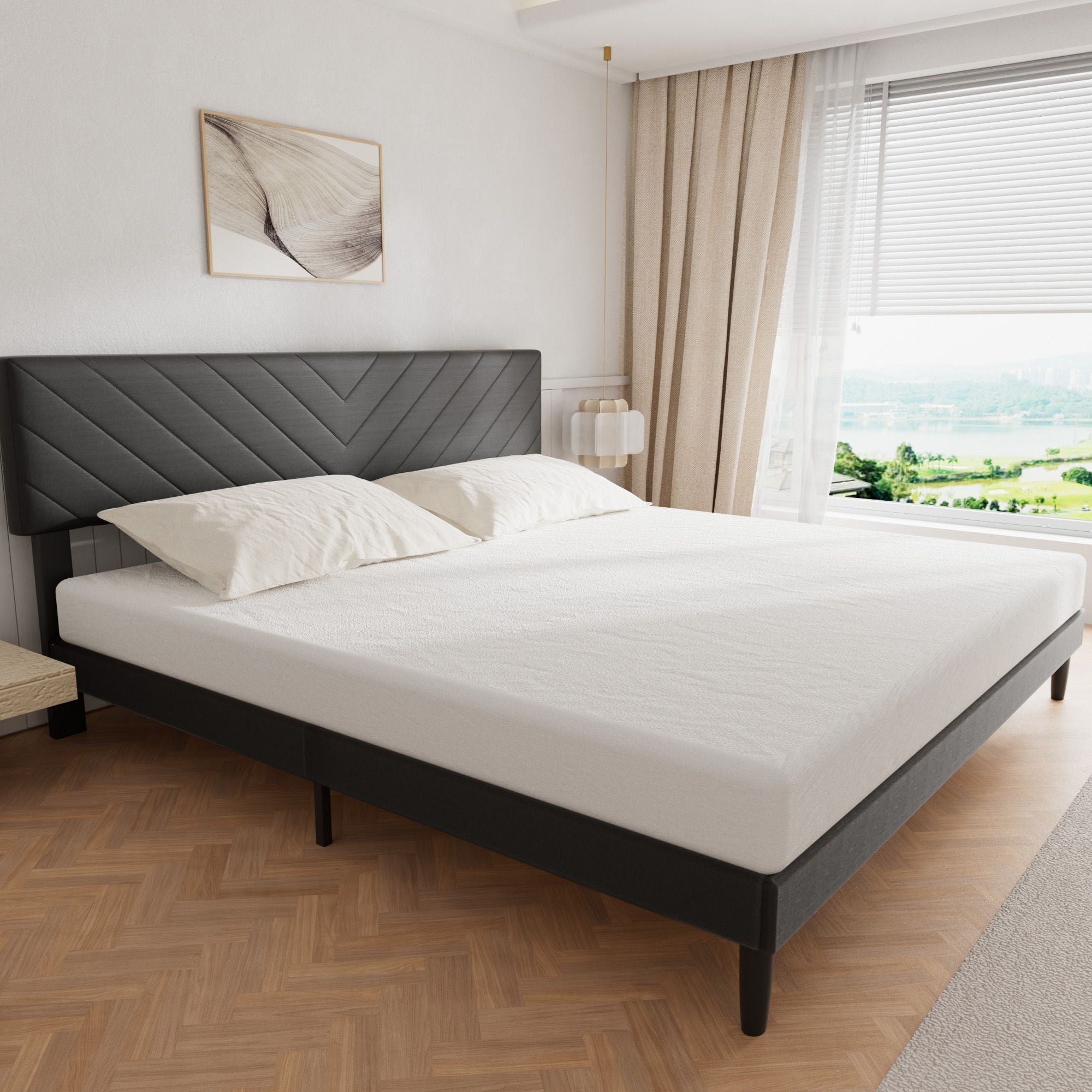 Upholstered King Size Bed Frame Platform with High-Adjustable Headboard and Solid Wood Slats Support, Strong Weight Capacity, Non-Slip and Noise-Free,No Box Spring Needed, Easy Assembly, Grey - Atlantic Fine Furniture Melbourne FL