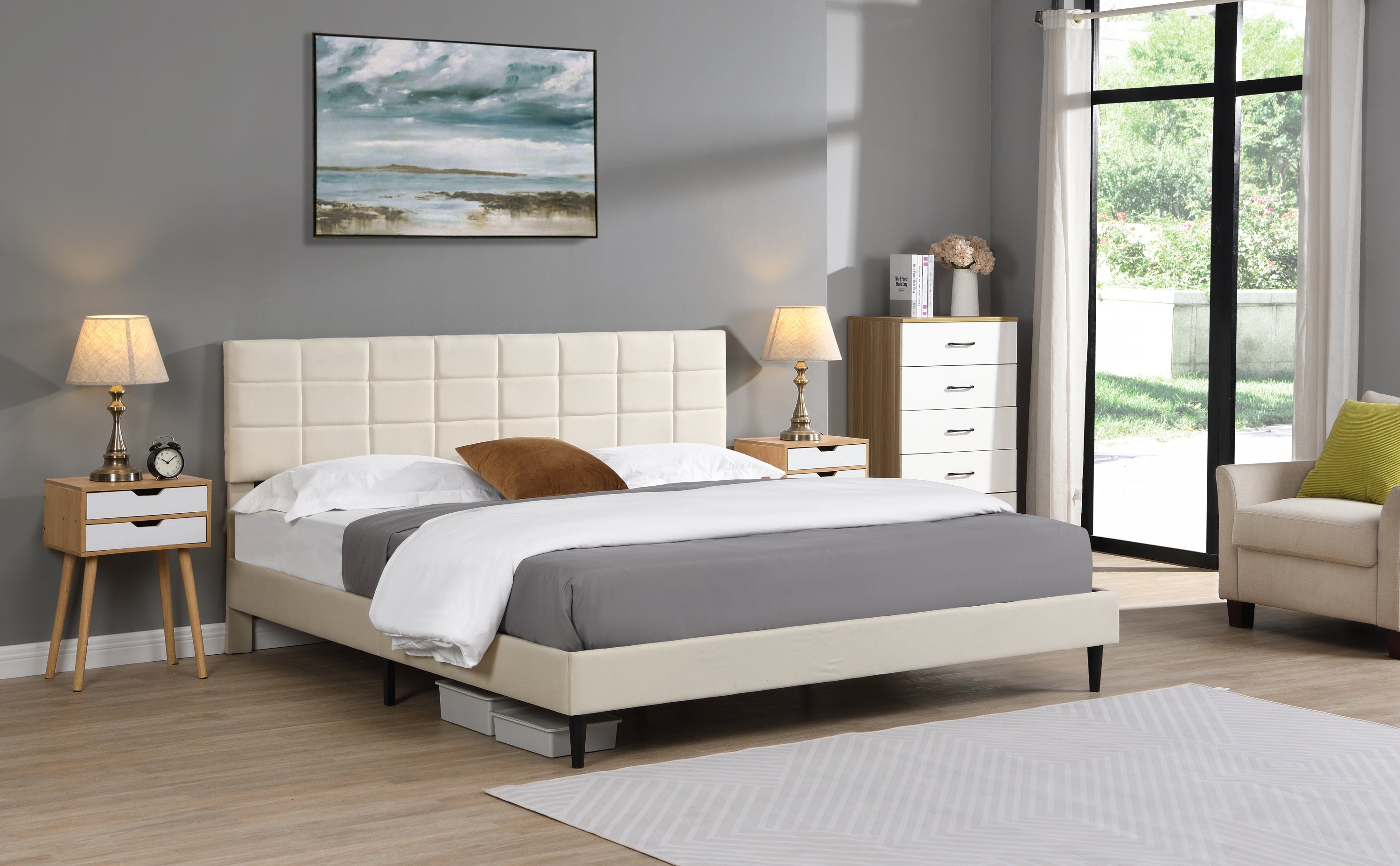 King Size Platform Bed Frame with Fabric Upholstered Headboard and Wooden Slats, No Box Spring Needed/Easy Assembly, Dark Beige - Atlantic Fine Furniture Melbourne FL