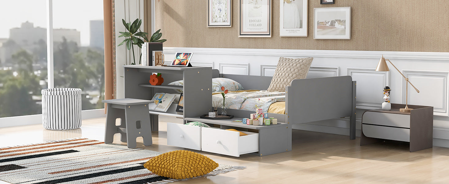 Wood Twin Size Platform Bed with 2 Drawers and 1 Chair&Desk Set, Gray+White - Atlantic Fine Furniture Melbourne FL