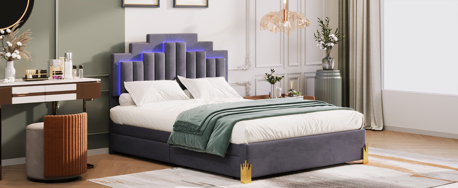 Queen Size Upholstered Platform Bed with LED Lights and 4 Drawers, Stylish Irregular Metal Bed Legs Design, Gray - Atlantic Fine Furniture Melbourne FL