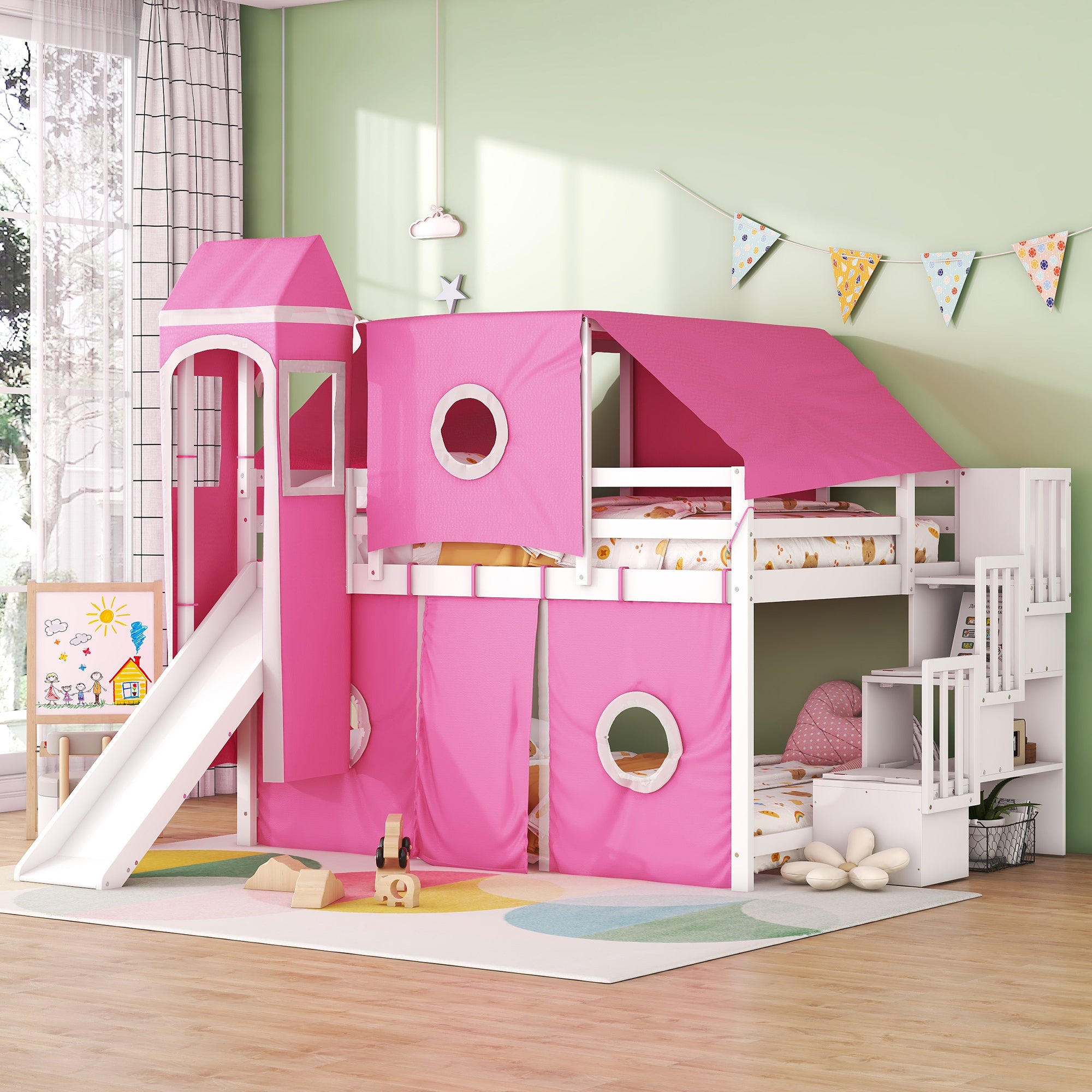 Full Size Loft Bed with Tent and Tower - Pink - Atlantic Fine Furniture Melbourne FL
