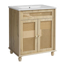 Bathroom Vanity With Handwoven Rattan Doors, Resin Basin - Natural Wood