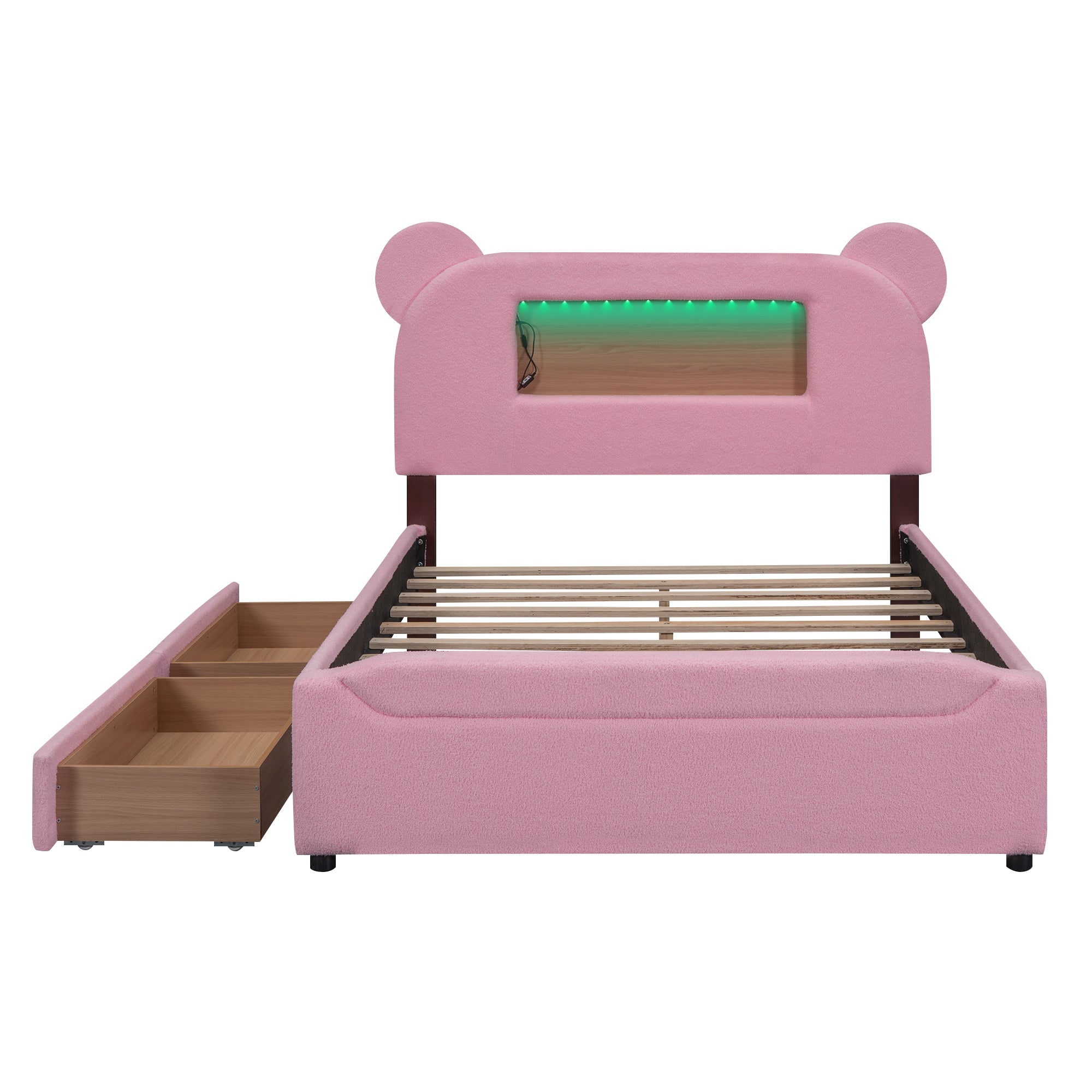 Full Size Upholstered Storage Platform Bed with Cartoon Ears Headboard, LED and USB, Pink - Atlantic Fine Furniture Melbourne FL