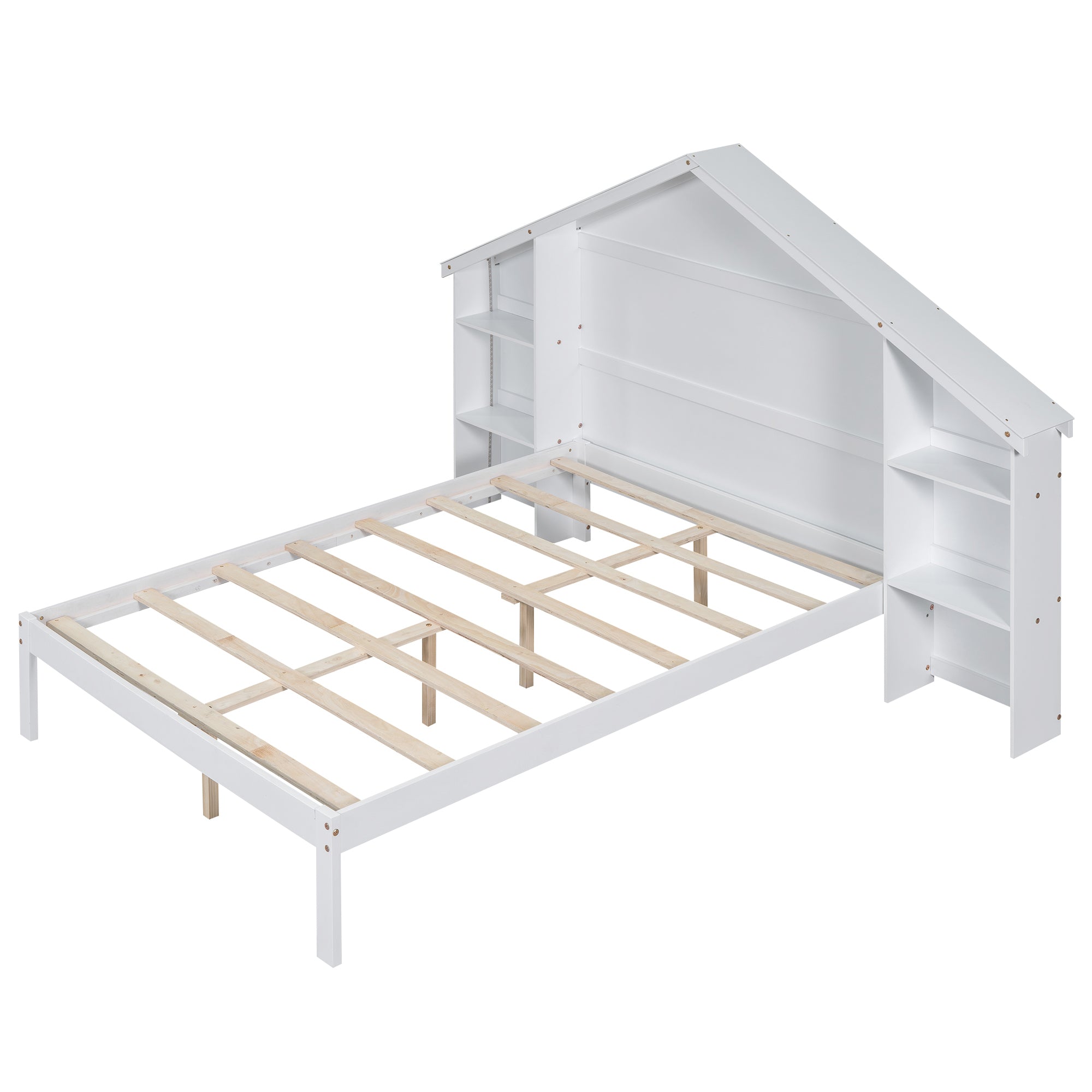 Wood Full Size Platform Bed with House-shaped Storage Headboard and Built-in LED, White - Atlantic Fine Furniture Melbourne FL