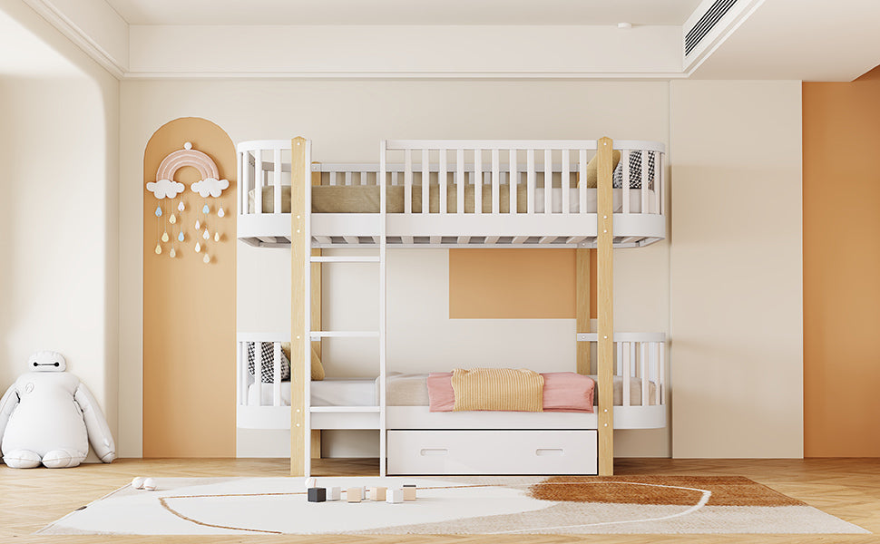 Wood Twin over Twin Bunk Bed with Fence Guardrail and a Big Drawer, White - Atlantic Fine Furniture Melbourne FL