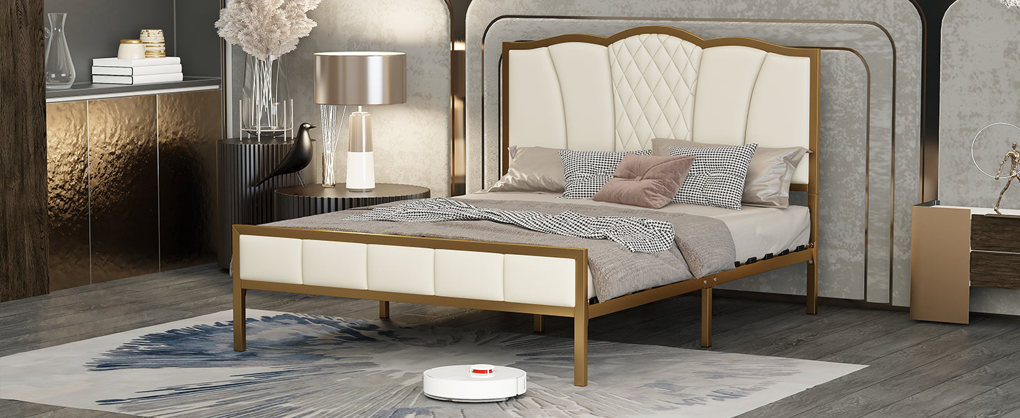 Full Size Bed Frame, Modern Upholstered Bed Frame with Tufted Headboard, Golden Metal Platform Bed Frame with Wood Slat Support, Noise Free, No Box Spring Needed,Beige