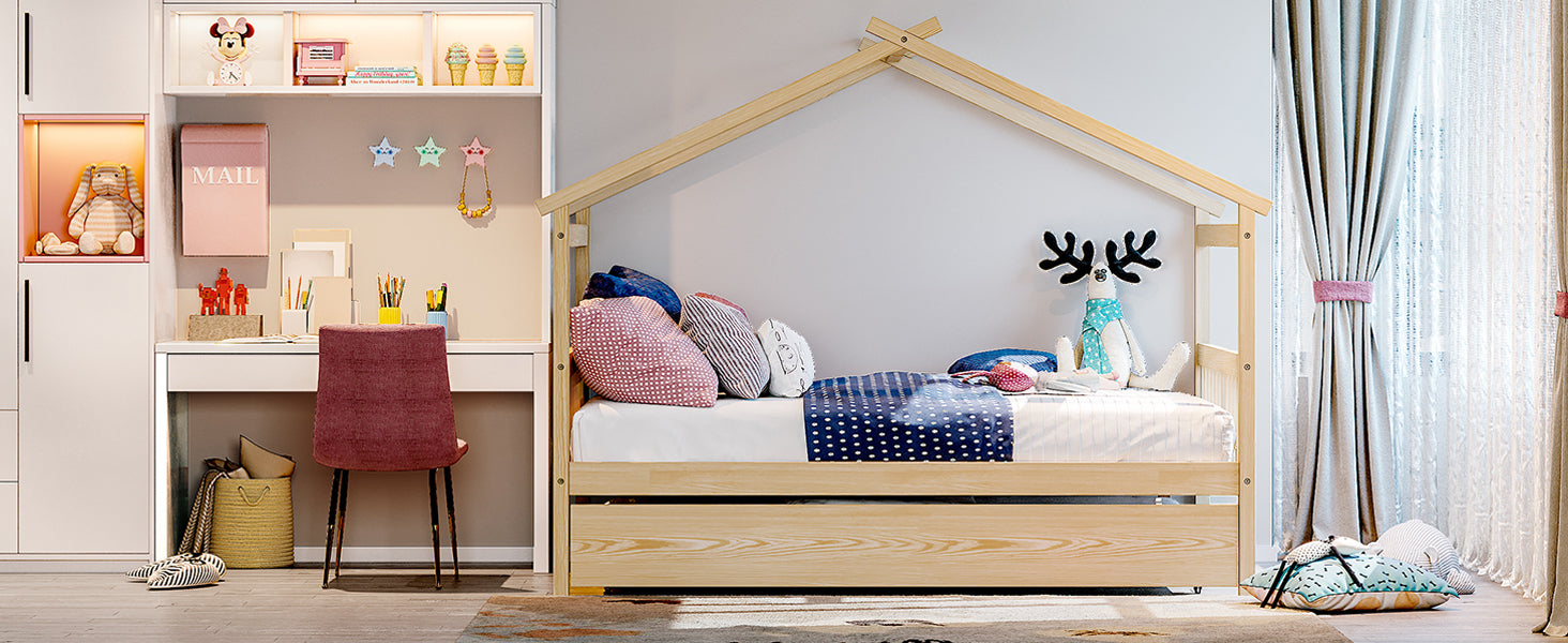 Full Size Wooden House Bed with Twin Size Trundle, Natural - Atlantic Fine Furniture Melbourne FL