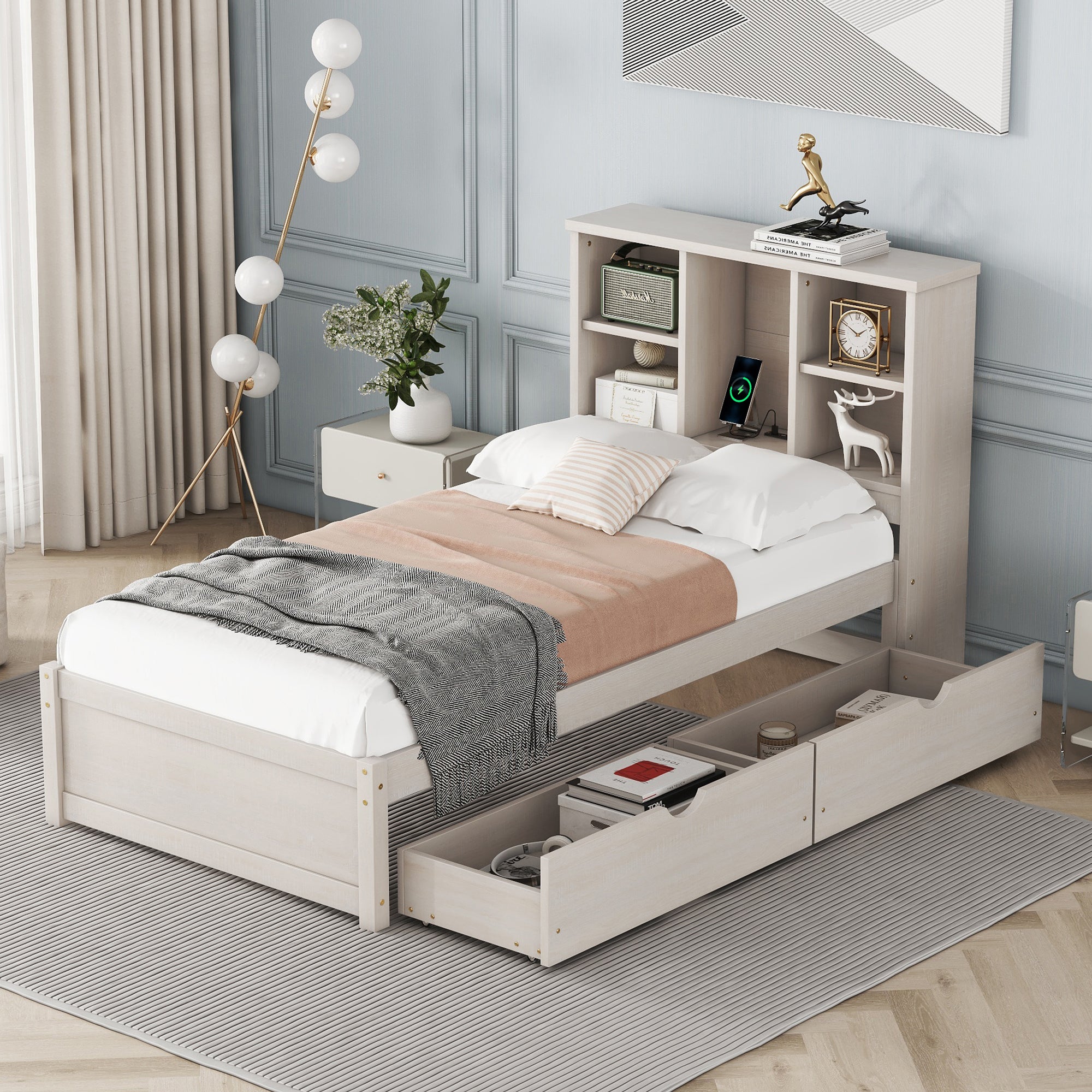 Modern Twin Size Bed Frame With Built-in USB Port on Bookcase Headboard and 2 Drawers for White Washed Color - Atlantic Fine Furniture Melbourne FL