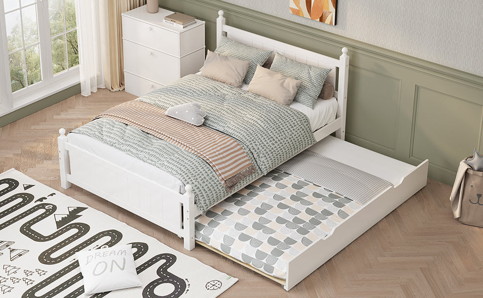 Full Size Solid Wood Platform Bed Frame with trundle for Limited Kids, Teens, Adults, No Need Box Spring, White - Atlantic Fine Furniture Melbourne FL