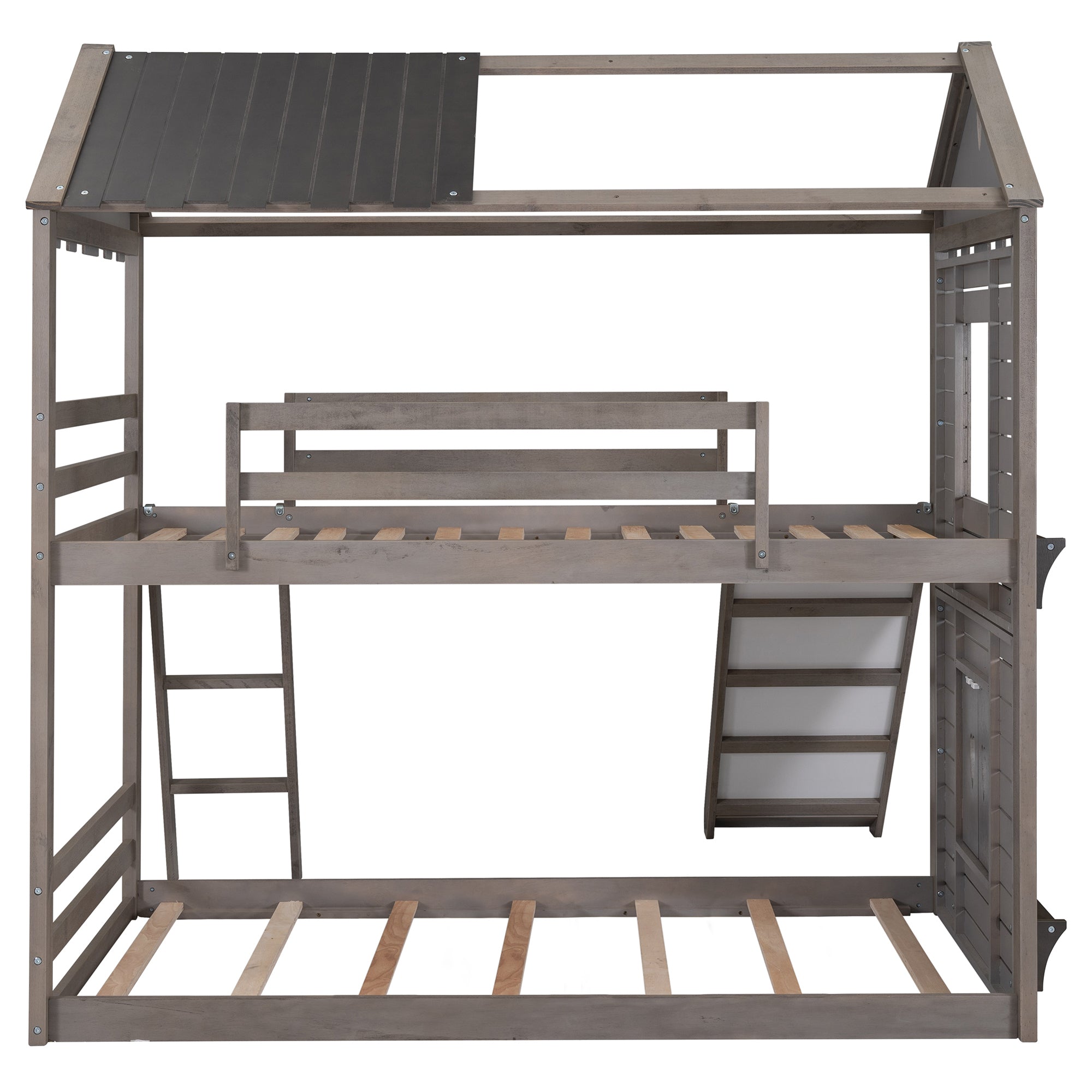 Twin Over Twin Bunk Bed Wood Bed with Roof, Window, Slide, Ladder ,Antique Gray(OLD SKU:LP000059AAE) - Atlantic Fine Furniture Melbourne FL