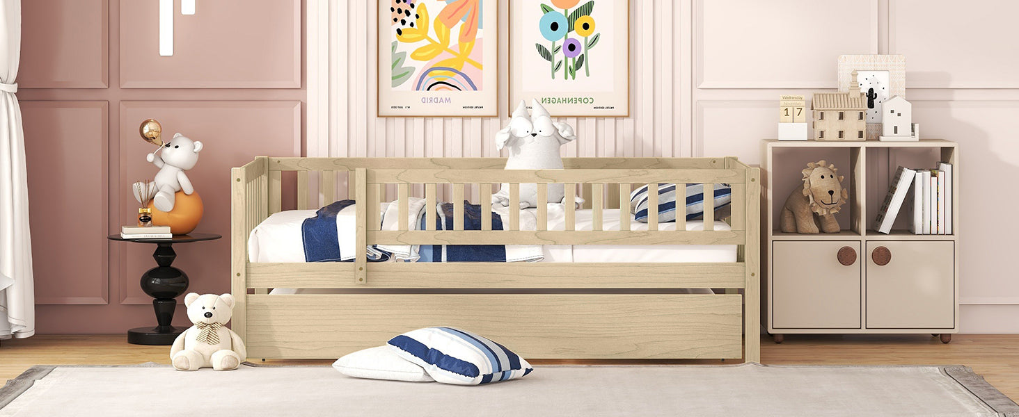 Twin Size Wood Daybed with Trundle and Fence Guardrails, Natural - Atlantic Fine Furniture Melbourne FL