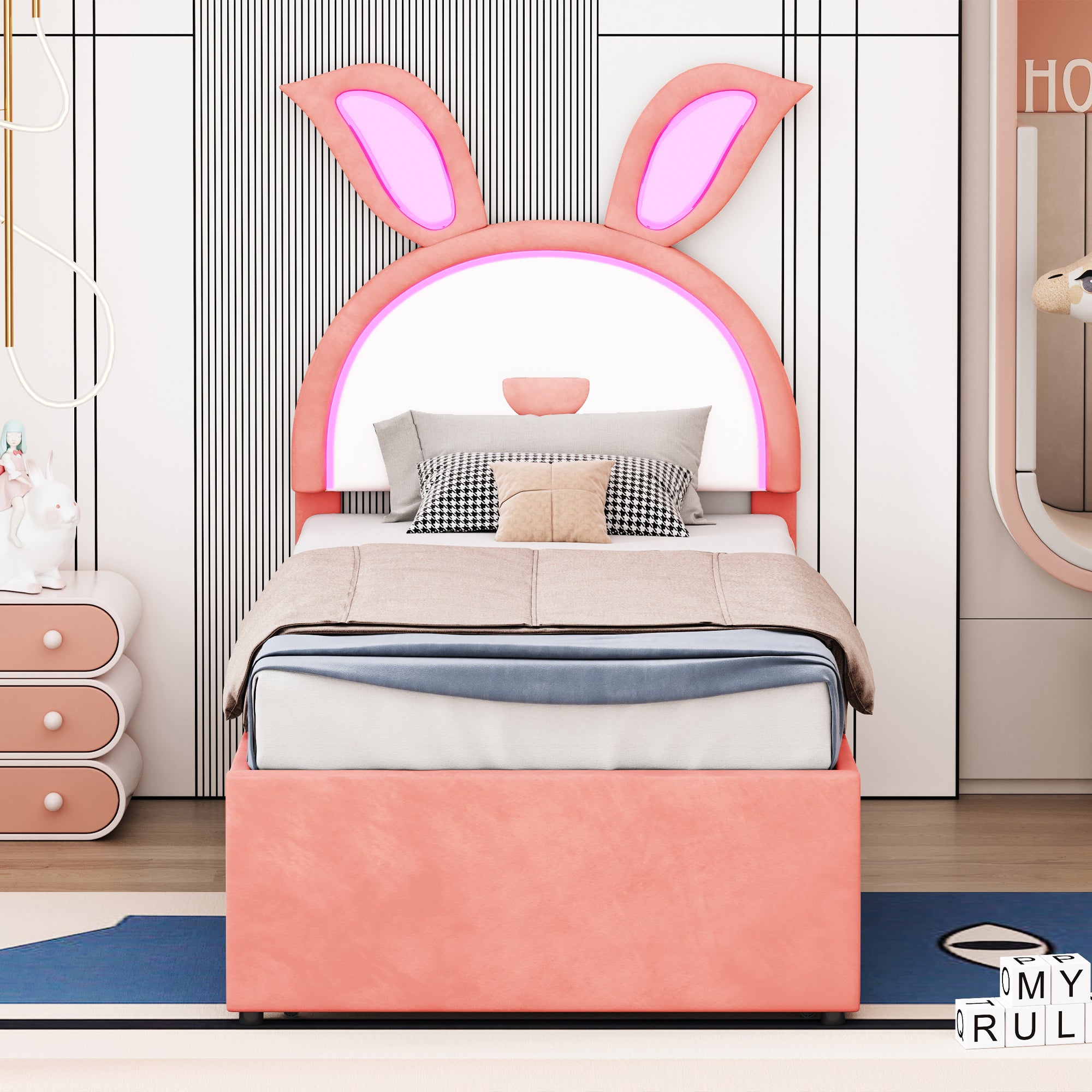 Twin Size Upholstered Platform Bed with Trundle and 3 Drawers, Rabbit-Shaped Headboard with Embedded LED Lights, Pink - Atlantic Fine Furniture Melbourne FL