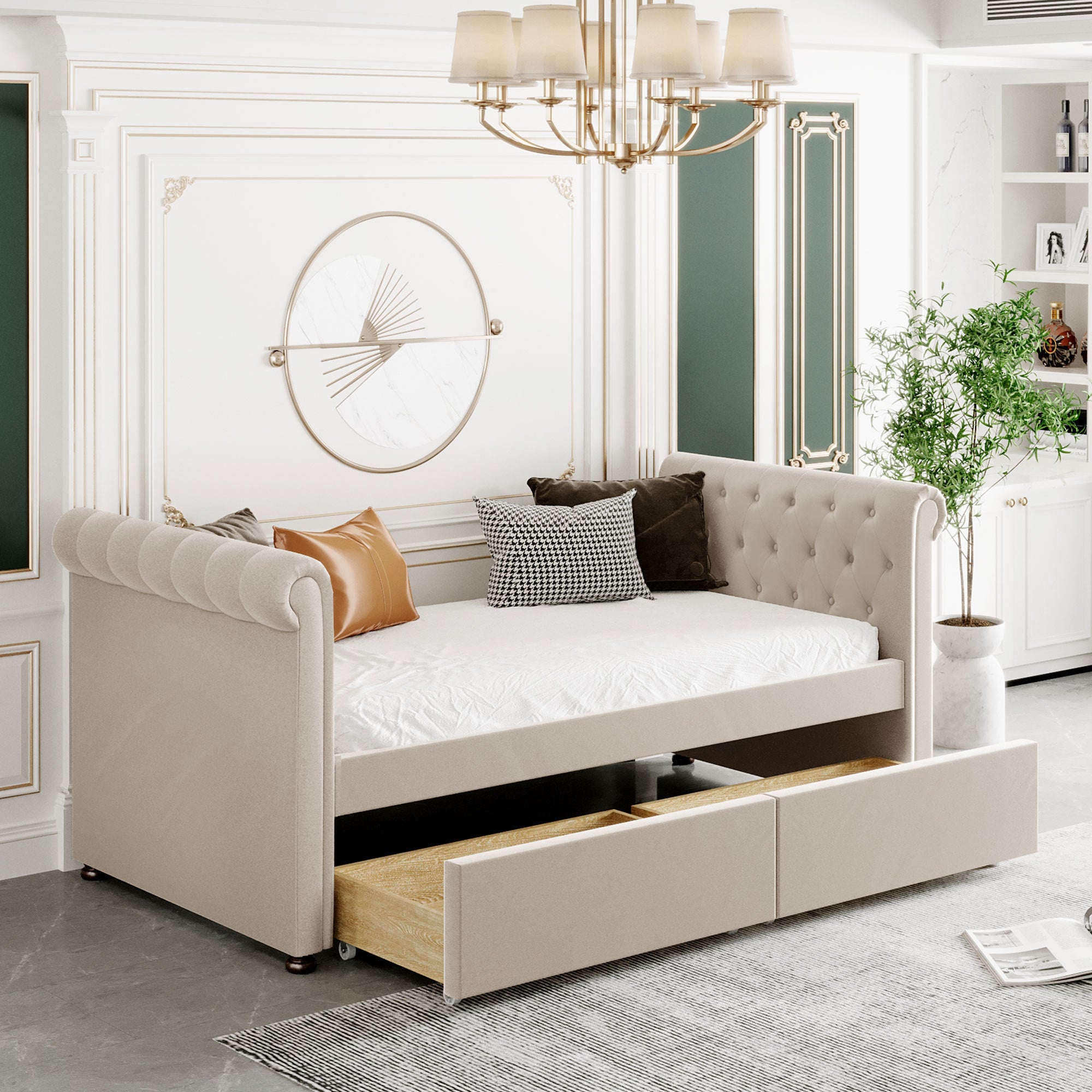 Twin Size Upholstered daybed with Drawers, Wood Slat Support, Beige(OLD SKU :LP000117AAA) - Atlantic Fine Furniture Melbourne FL