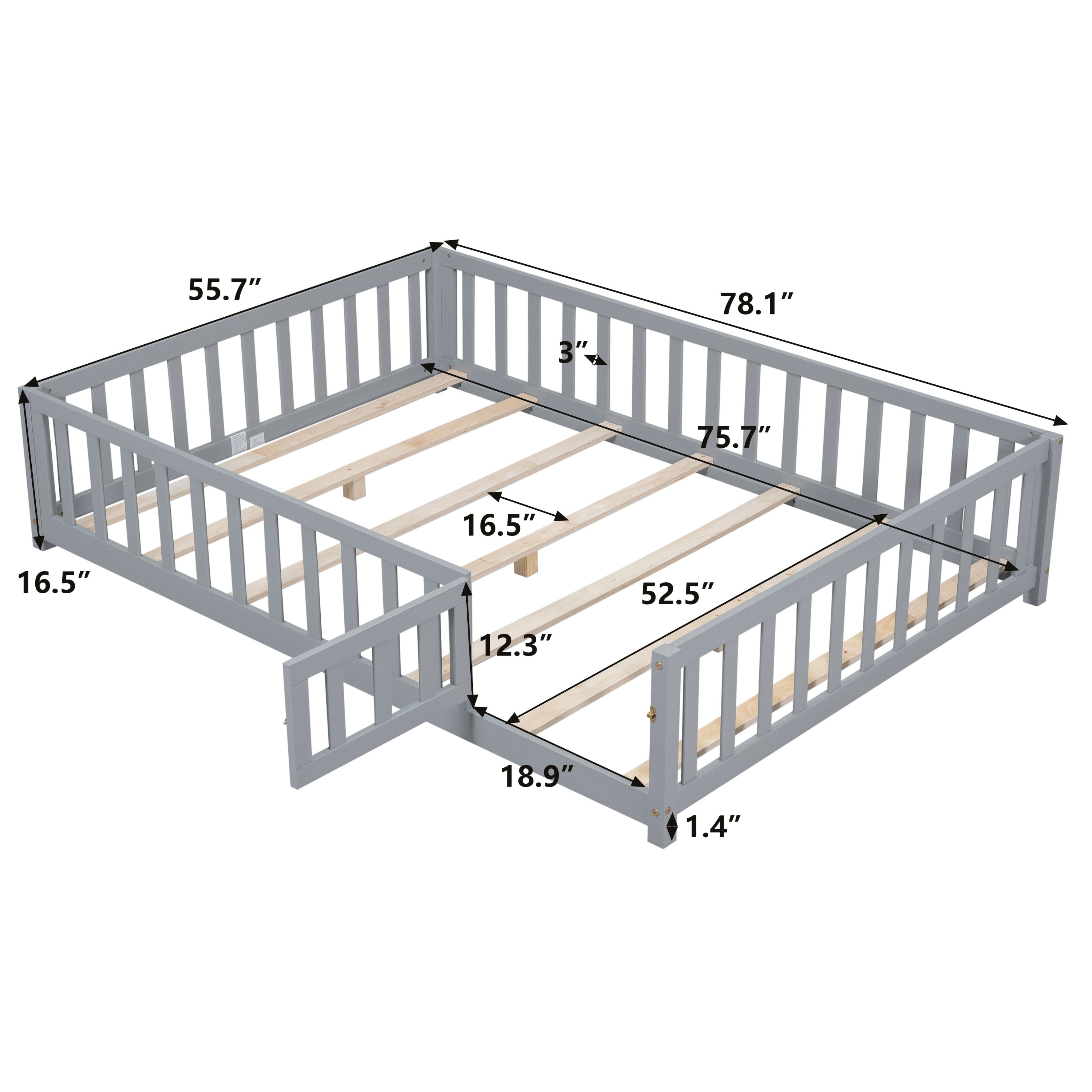 Full Size Floor Platform Bed with Fence and Door for Kids, Montessori Floor Bed Frame with Support Slats for Toddlers, Wooden Floor Bed Grey - Atlantic Fine Furniture Melbourne FL