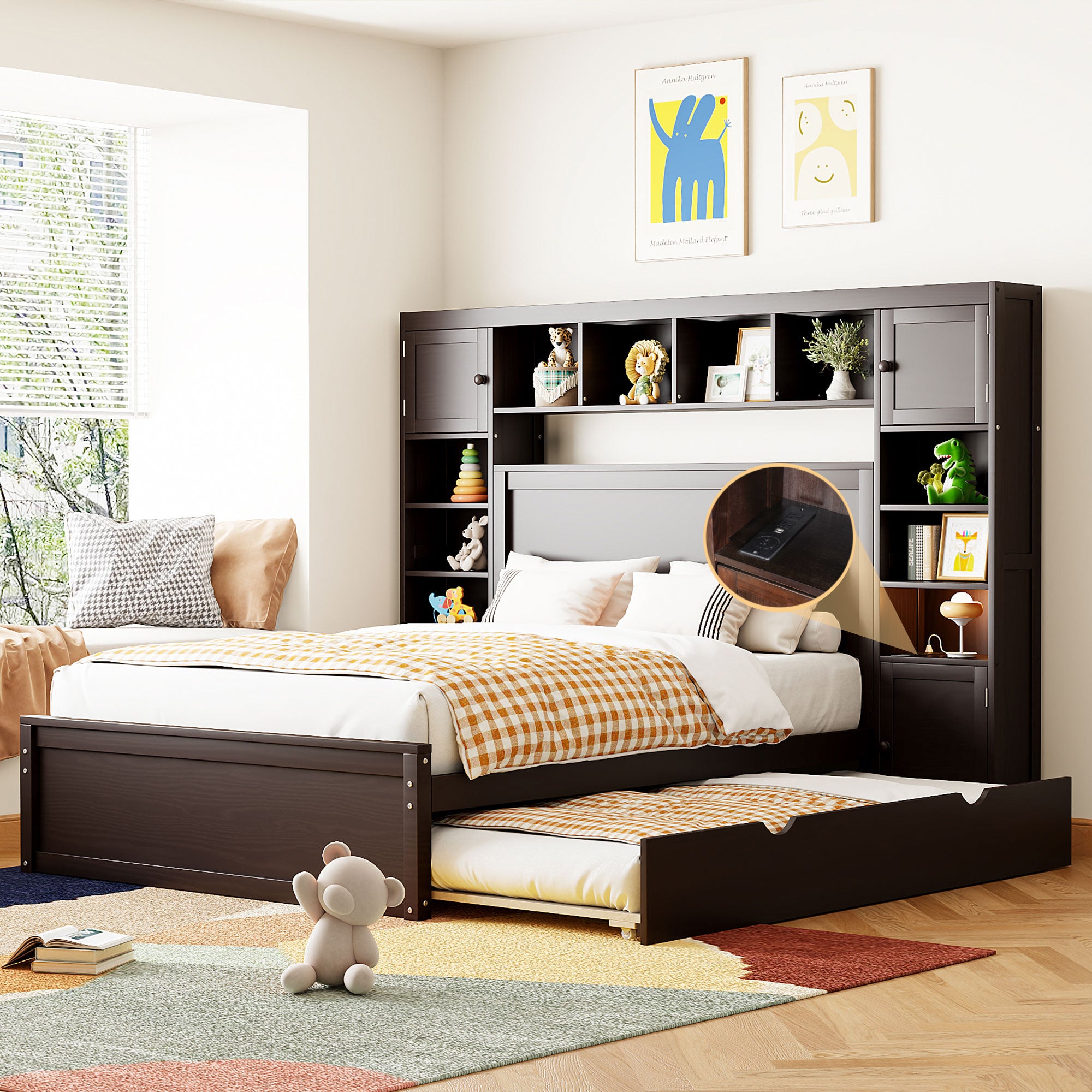 Full Size Wooden Bed With All-in-One Cabinet, Shelf and Sockets, Espresso - Atlantic Fine Furniture Melbourne FL