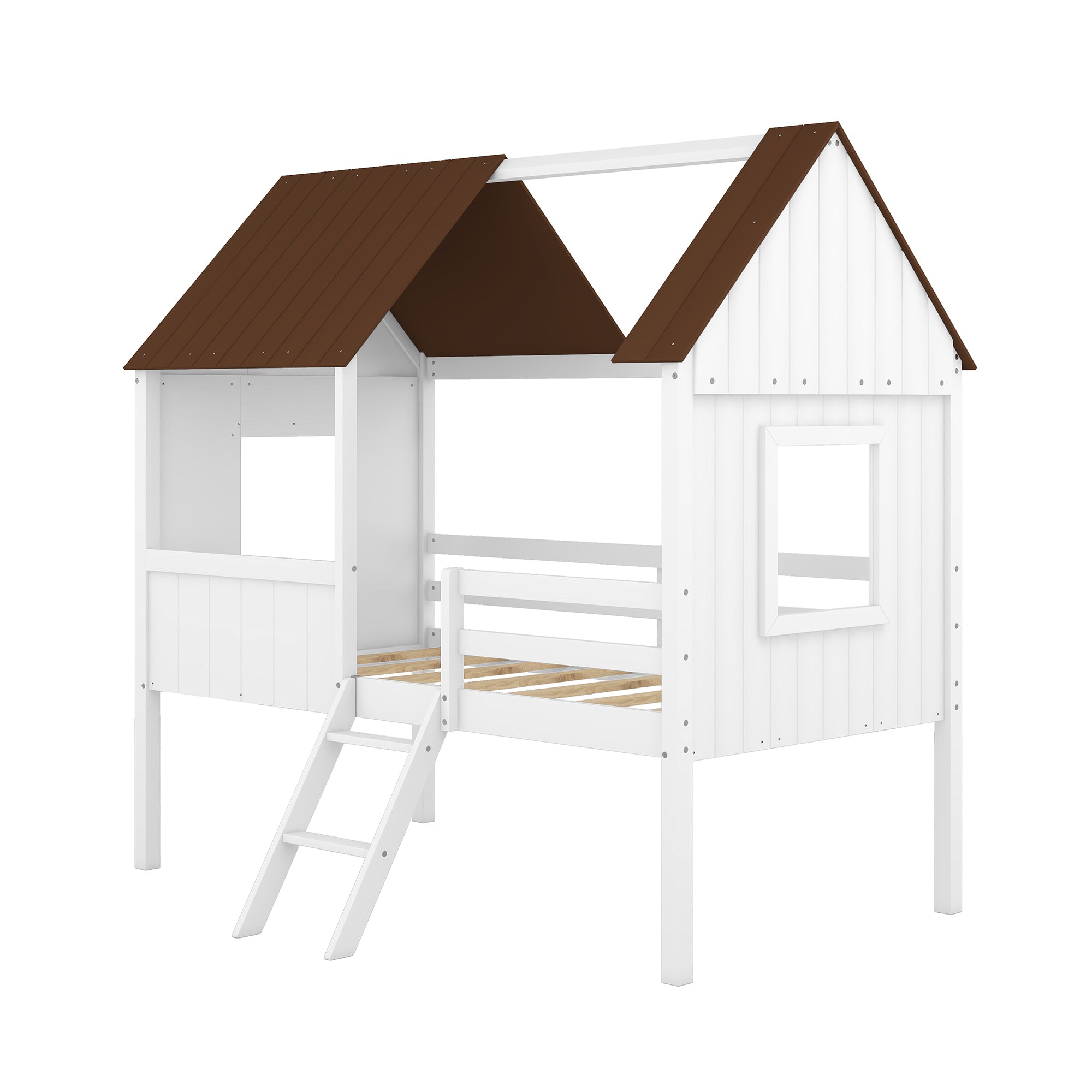 Twin Size Low Loft Wood House Bed with Two Side Windows (White+Brown)(OLD SKU: LP000037AAD) - Atlantic Fine Furniture Melbourne FL