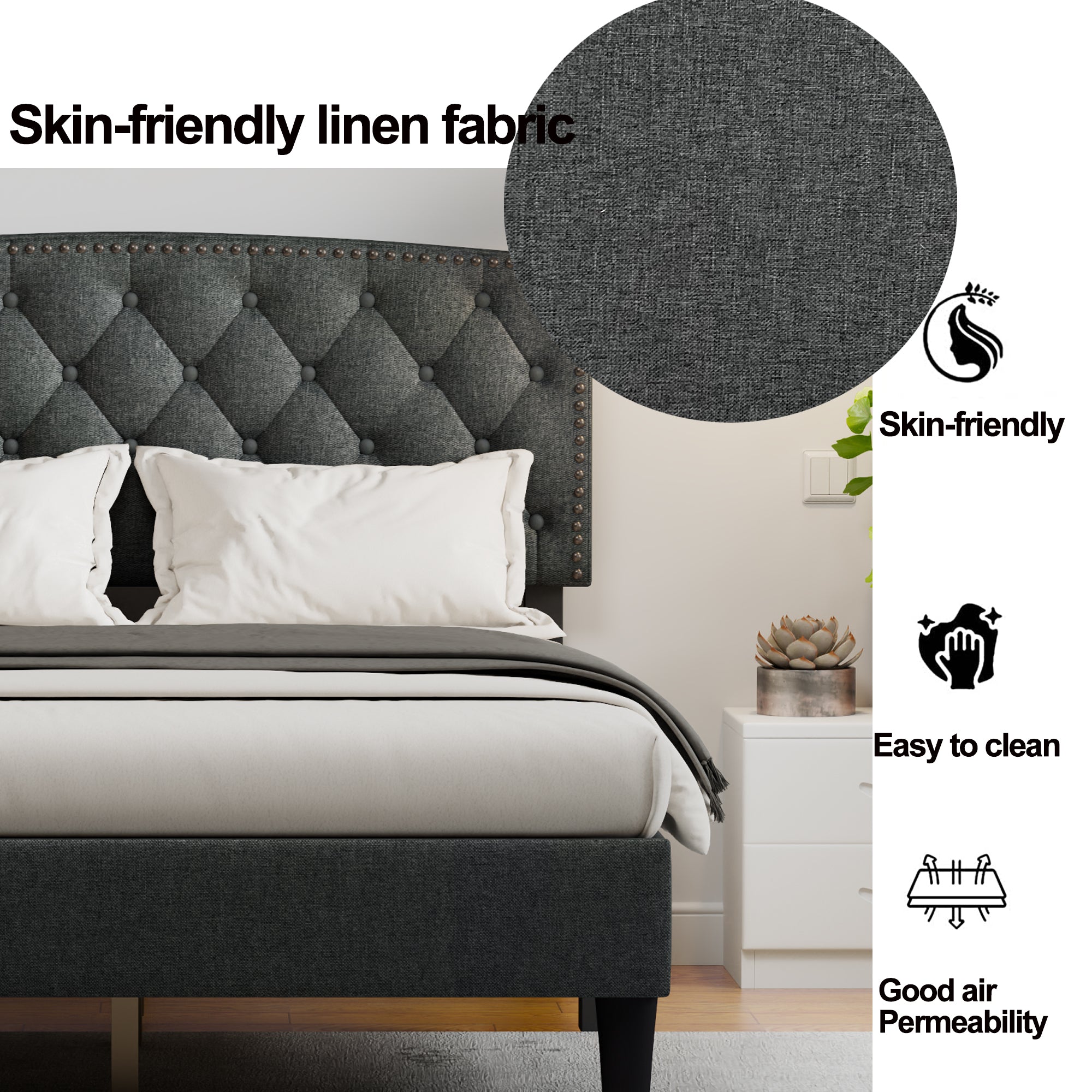 Full size Adjustable Headboard with Fine Linen Upholstery and Button Tufting for Bedroom, Wave Top dark Gray