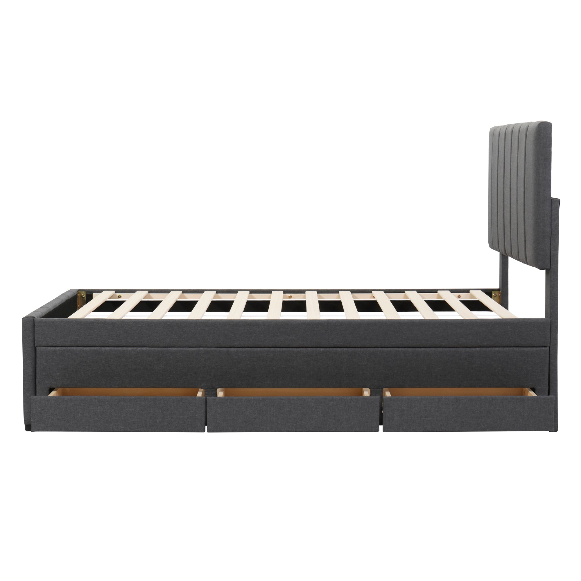 Twin Size Upholstered Platform Bed with Trundle and 3 Drawers, Linen Fabric, Gray - Atlantic Fine Furniture Melbourne FL
