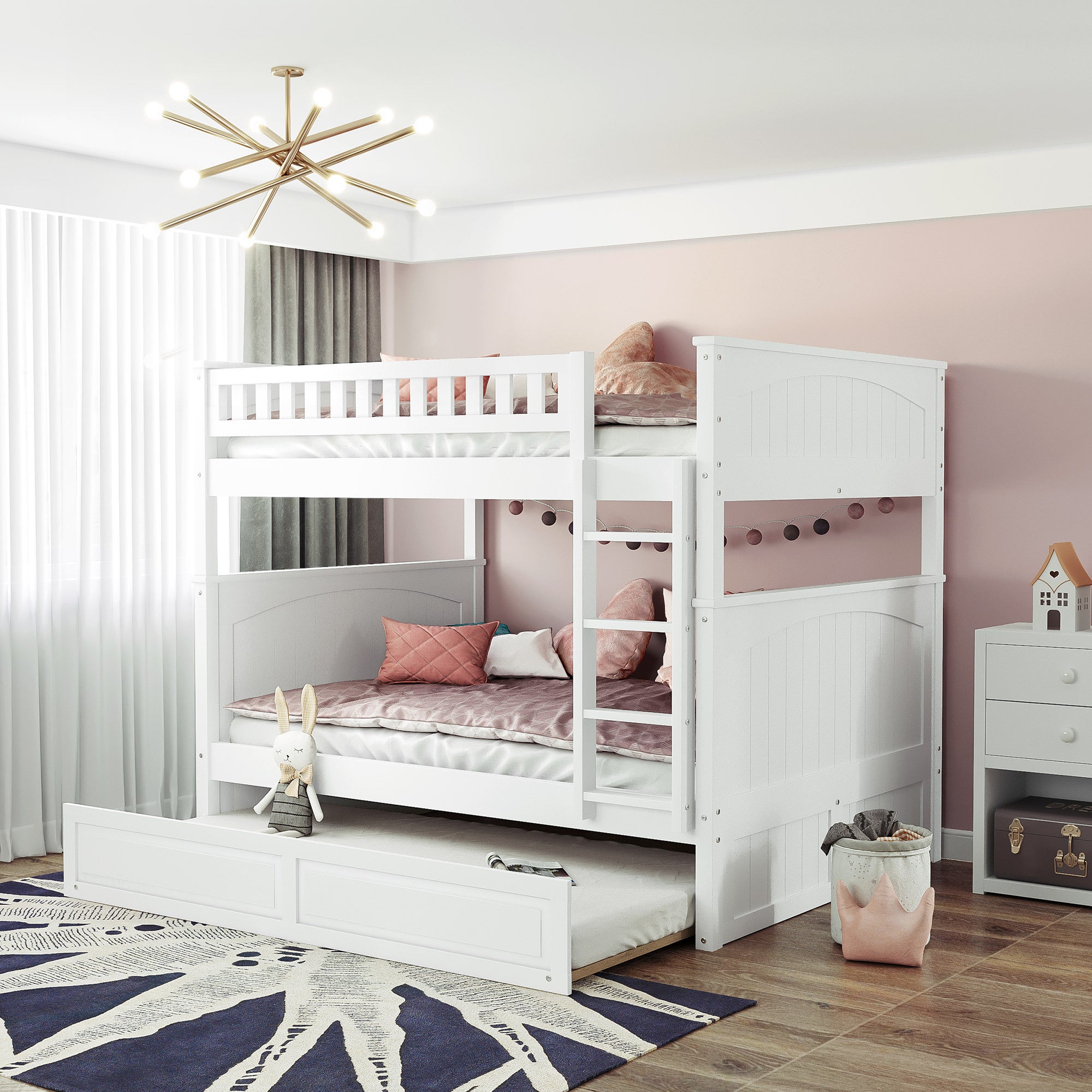 Full Over Full Bunk Bed with Twin Size Trundle, Pine Wood Bunk Bed with Guardrails, White (Old SKU:LP000044AAK) - Atlantic Fine Furniture Melbourne FL
