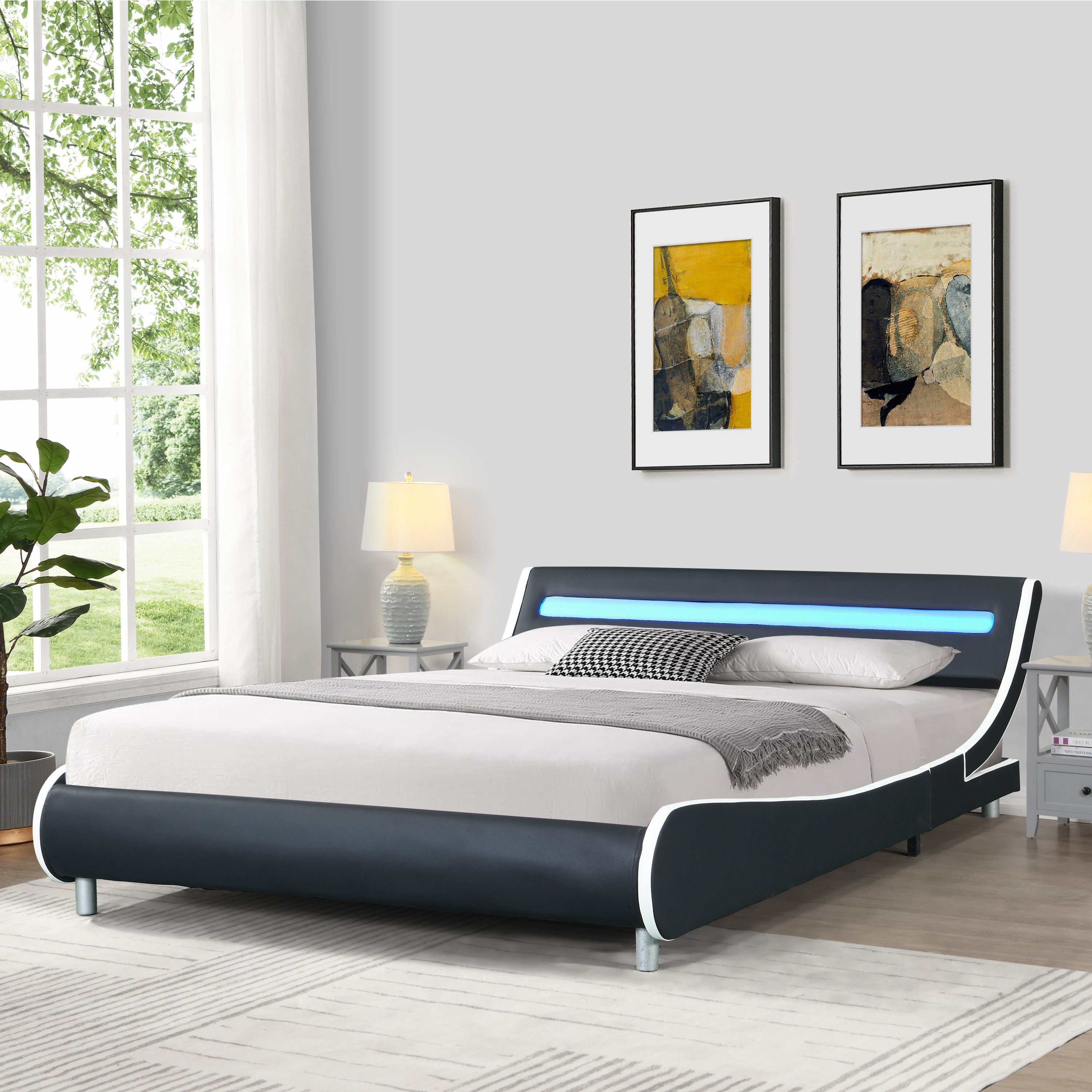 Faux Leather Upholstered Platform Bed Frame with led lighting , Curve Design, Wood Slat Support, No Box Spring Needed, Easy Assemble, Queen Size, Black and White - Atlantic Fine Furniture Melbourne FL