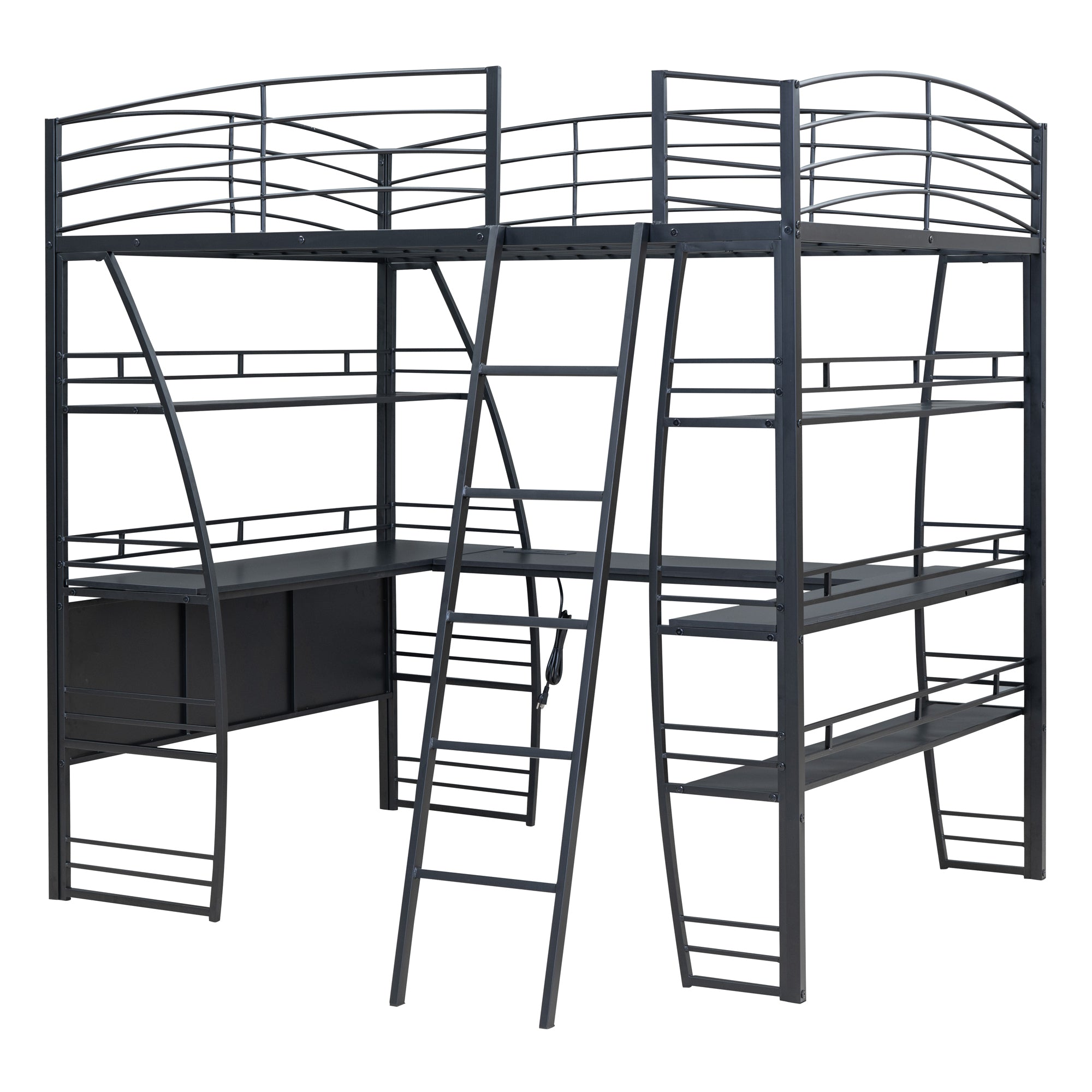 Full Size Loft Bed with 4 Layers of Shelves and L-shaped Desk, Stylish Metal Frame Bed with a set of Sockets, USB Ports and Wireless Charging, Black - Atlantic Fine Furniture Melbourne FL