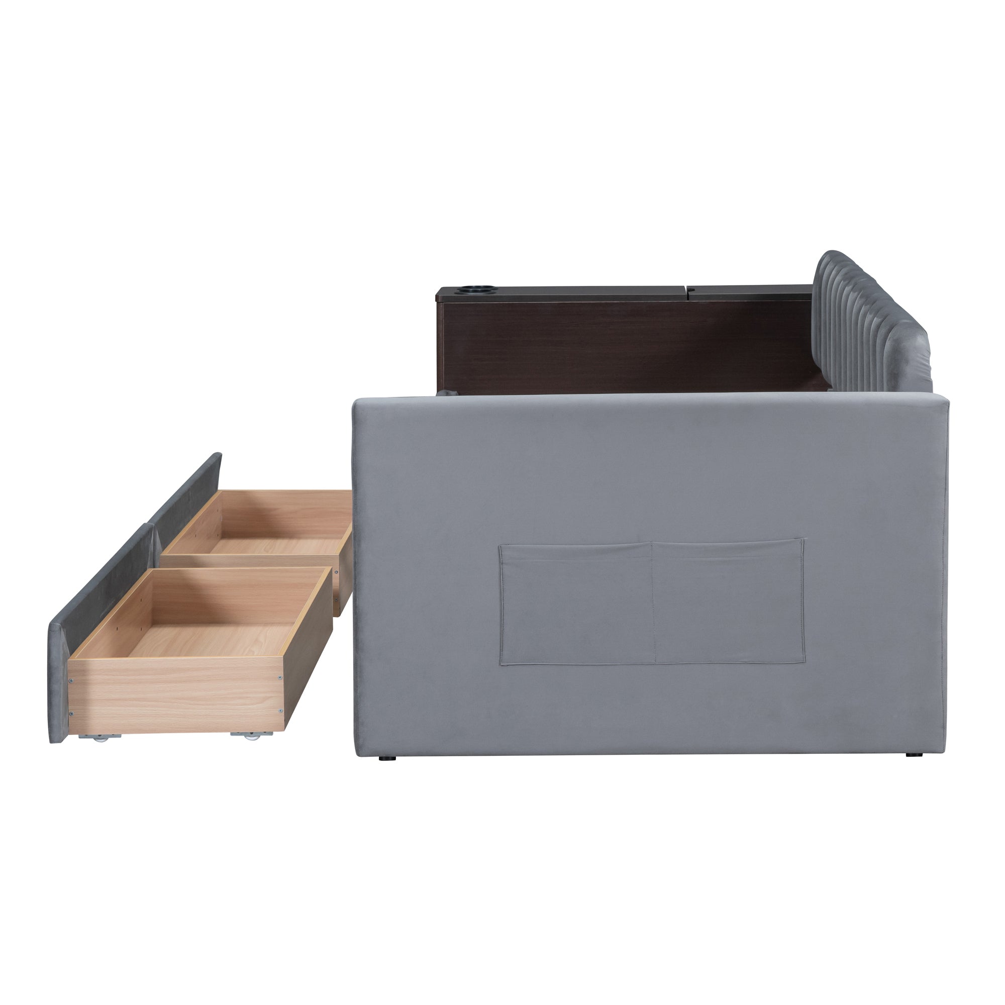 Twin Size Upholstered Daybed with Storage Armrest and 2 Drawers, Multi-functional Daybed with Cup Holder and a set of USB Ports and Sockets, Gray - Atlantic Fine Furniture Melbourne FL