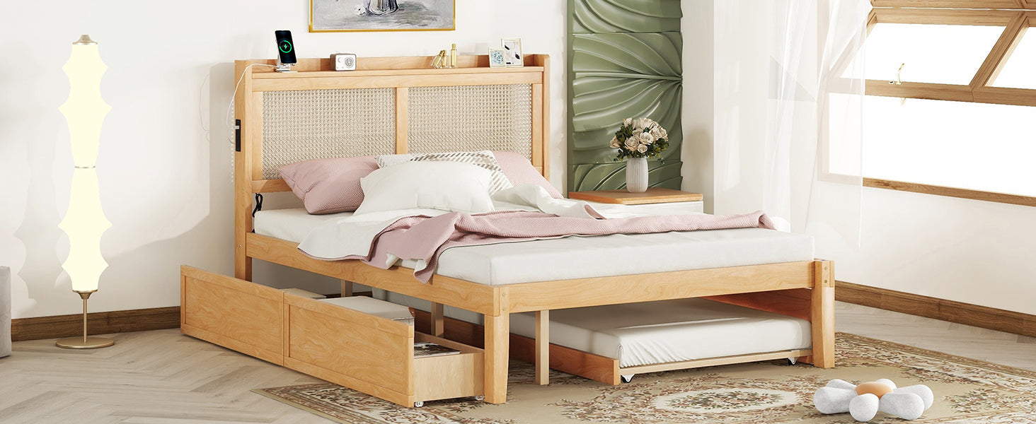 Queen Size Elegant Bed Frame with Rattan Headboard and Sockets ,Walnut - Atlantic Fine Furniture Melbourne FL