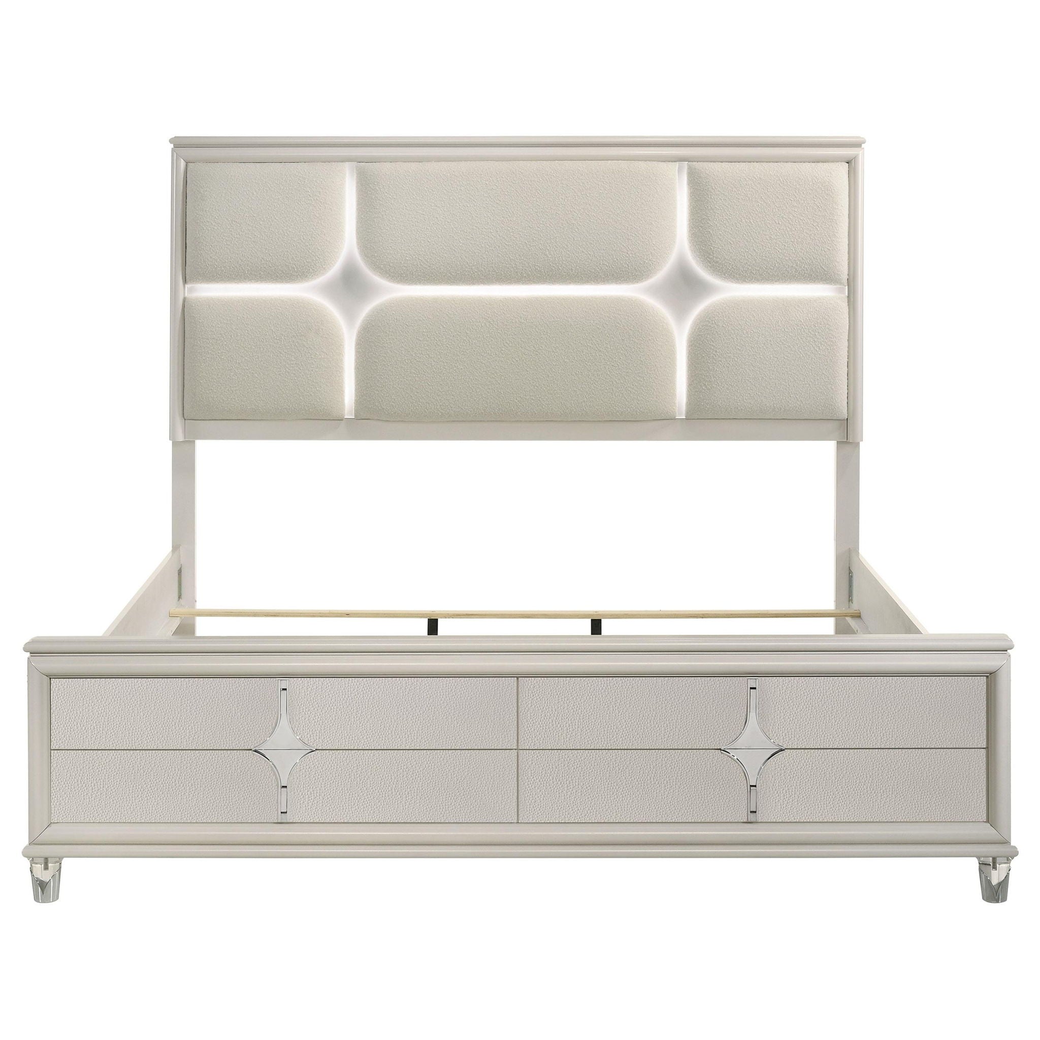 Olivia Eastern King Panel Bed LED Headboard Pearl White