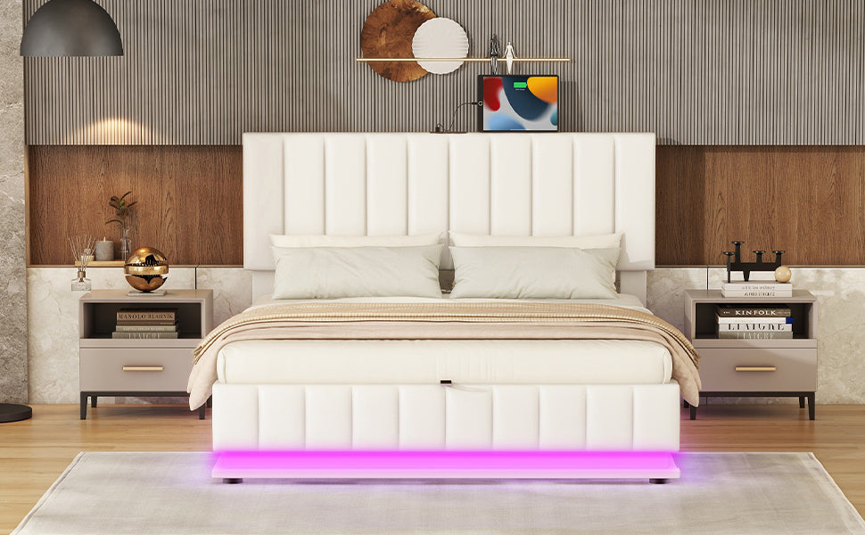 Queen Size Upholstered Bed with Hydraulic Storage System and LED Light, Modern Platform Bed with Sockets and USB Ports, White - Atlantic Fine Furniture Melbourne FL