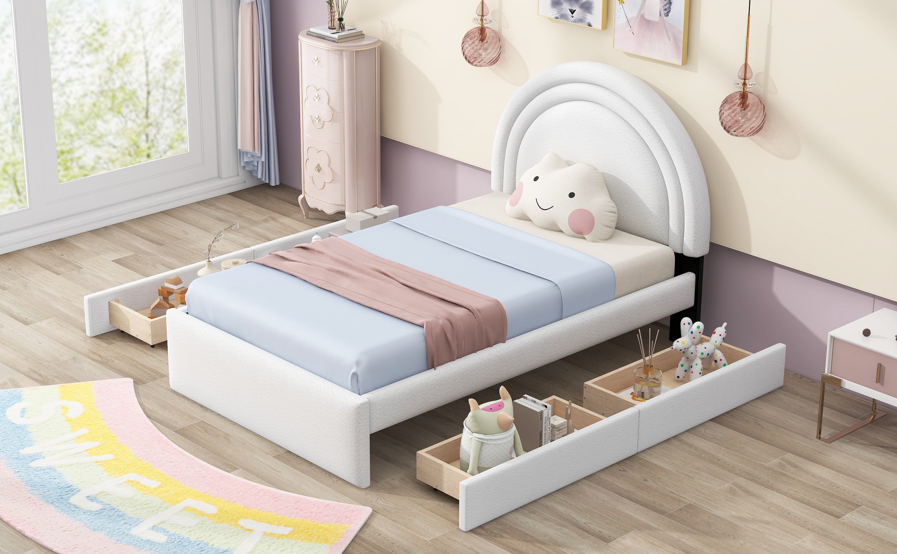 Teddy Upholstered Platform Bed With Four drawers, Twin, White - Atlantic Fine Furniture Melbourne FL