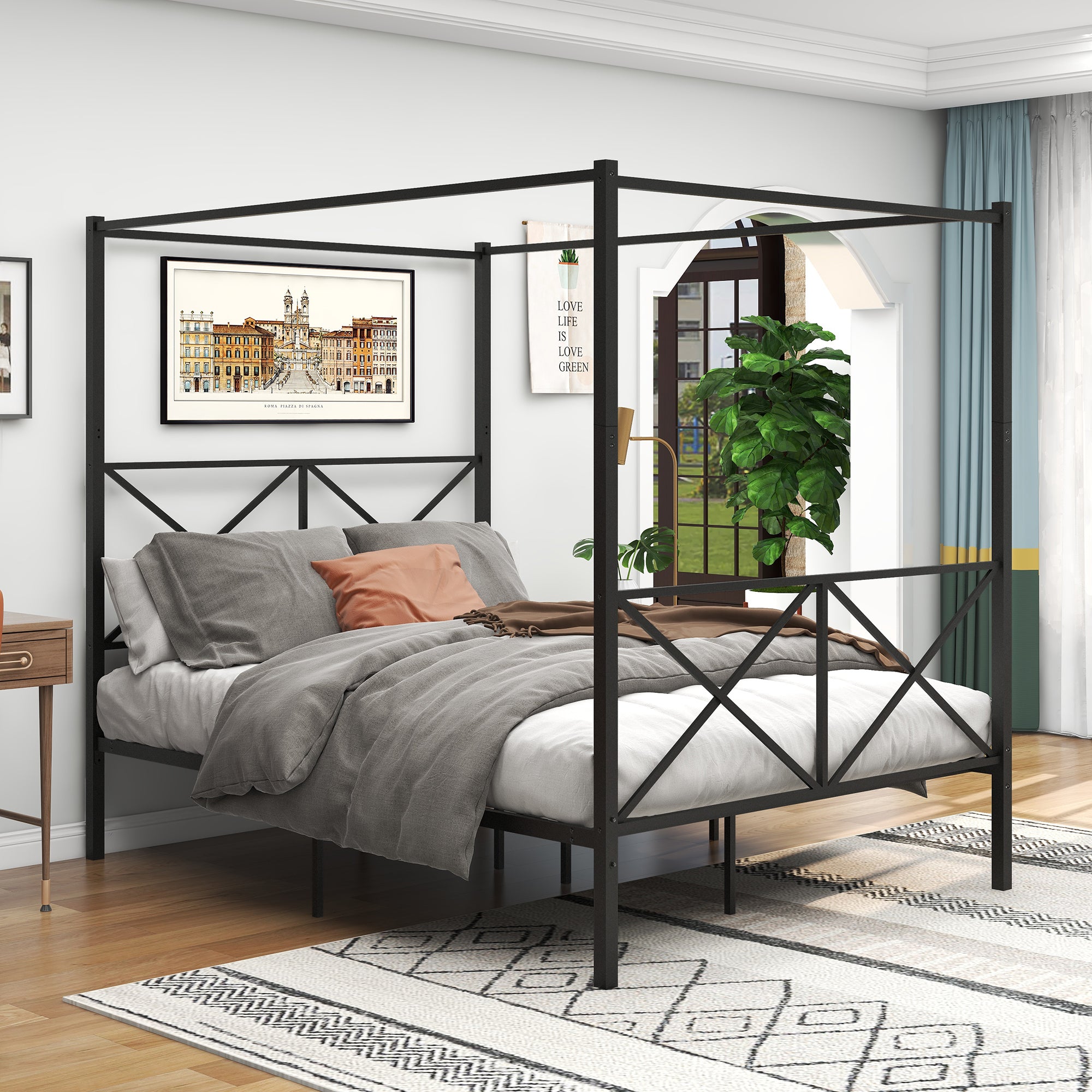 Metal Canopy Bed Frame, Platform Bed Frame Queen with X Shaped Frame Queen Black(same as W84034643) - Atlantic Fine Furniture Melbourne FL
