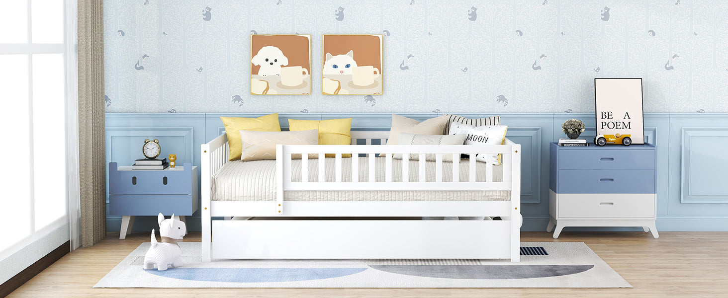 Full Size Wood Daybed with Trundle and Fence Guardrails, White - Atlantic Fine Furniture Melbourne FL