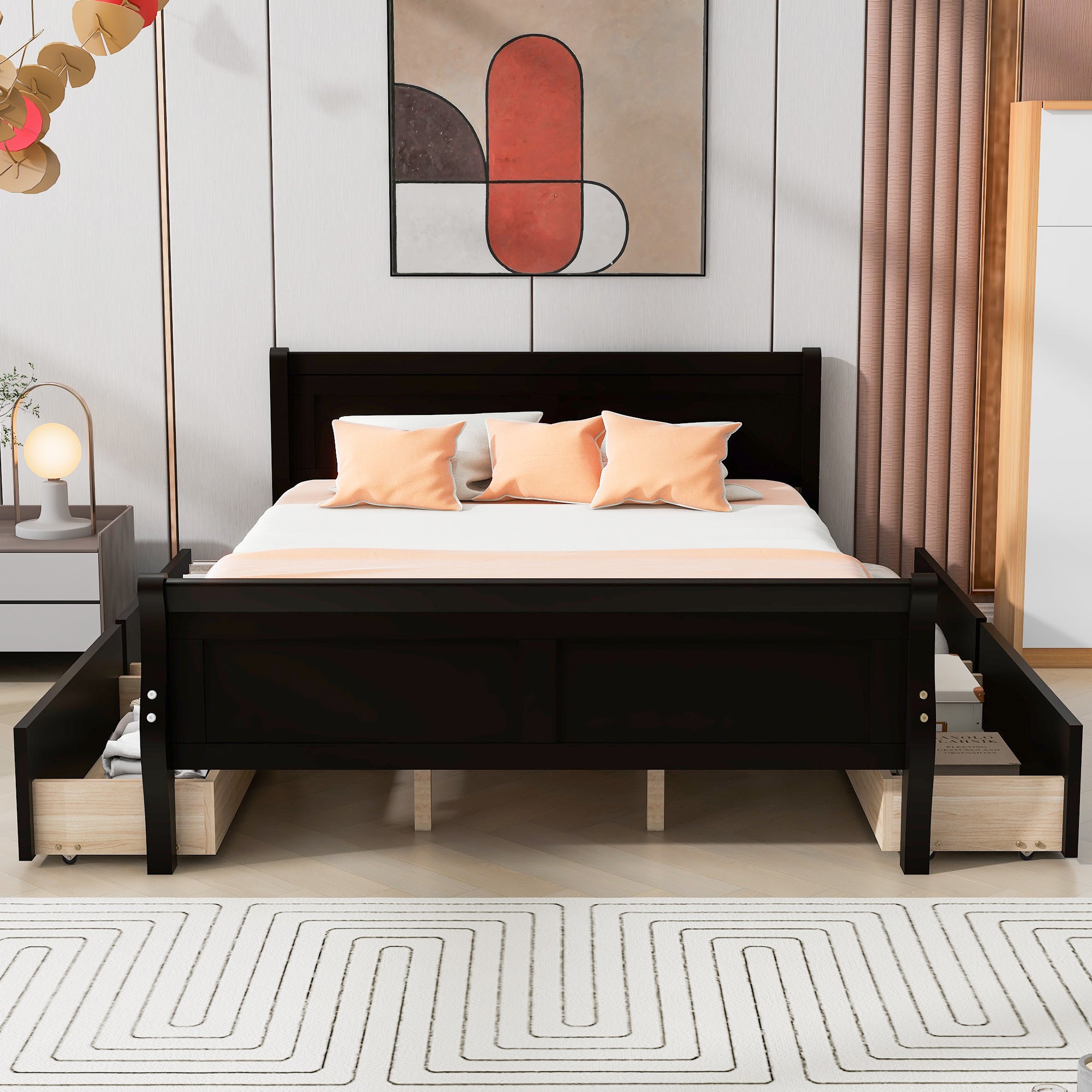 Queen Size Wood Platform Bed with 4 Drawers and Streamlined Headboard & Footboard, Espresso - Atlantic Fine Furniture Melbourne FL